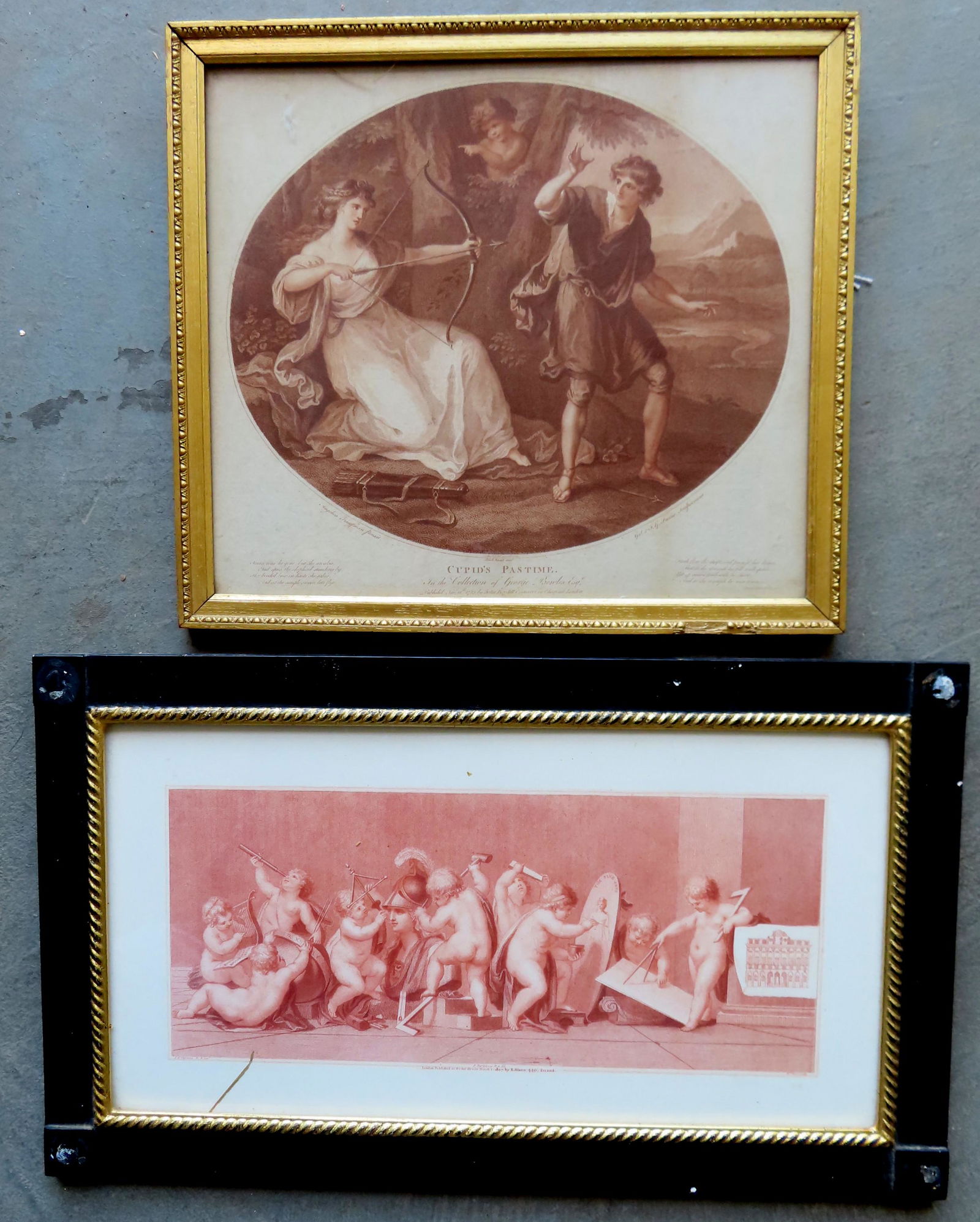 Two red ink engravings, 1783 and 1808.: Two red ink engravings. The first titled "Cupid's Pastime" published in 1783 by John Boydell (British 1720-1804) - very good condition - total frame size 16 1/4" x 18 1/4"; the second with no title an
