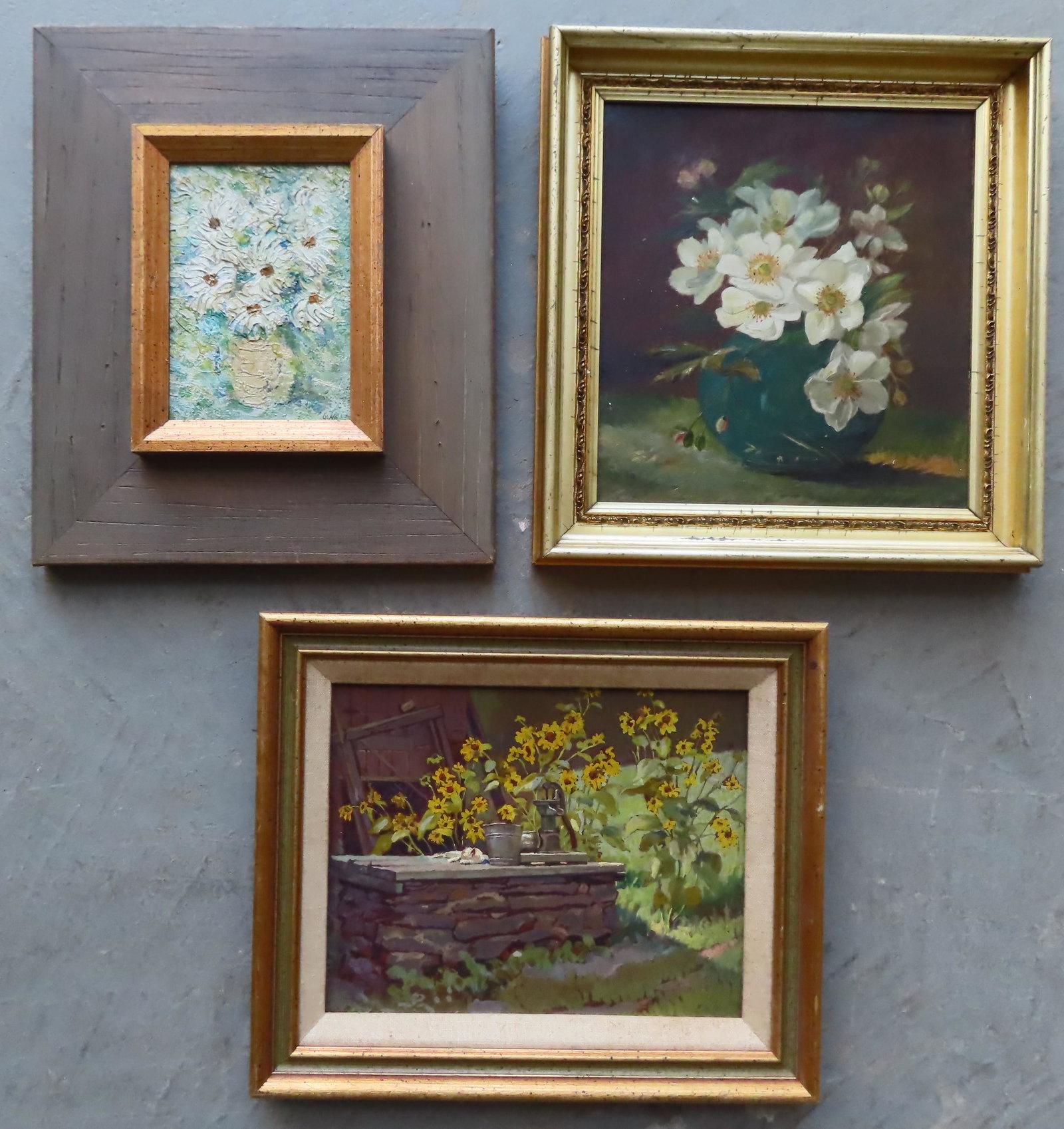 Grouping of 3 good still life paintings of flowers, all: Grouping of 3 good still life paintings of flowers, all oil on boards. The largest 10 1/2" x 12 1/4". All in very good condition. Early to mid 20th century.