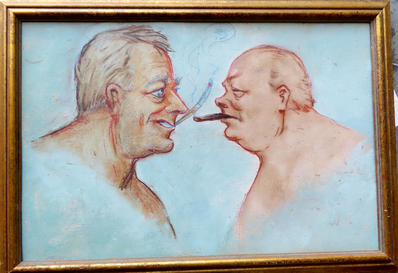Mixed media Portrait of FDR & Churchill smoking: Mixed media Portrait of FDR & Churchill smoking cigarette and cigar respectively, attributed to Bartow Matteson, Woodstock NY (note monogram bottom right "BM"). Overall frame size 34" x 24" and sight