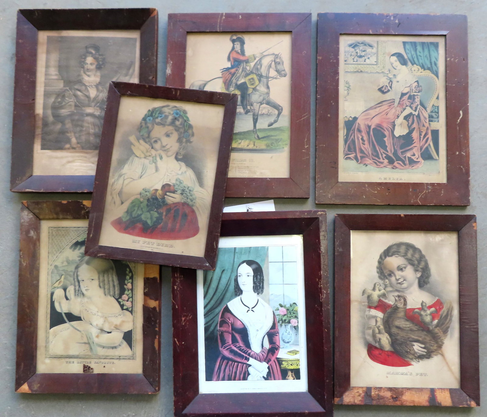 A grouping of 7 lithographs, all 19th century,: A grouping of 7 lithographs, all 19th century, including Currier and Ives and N. Currier. Some with staining and wear to frames - see photos for detailed condition reports. The largest frame measures 