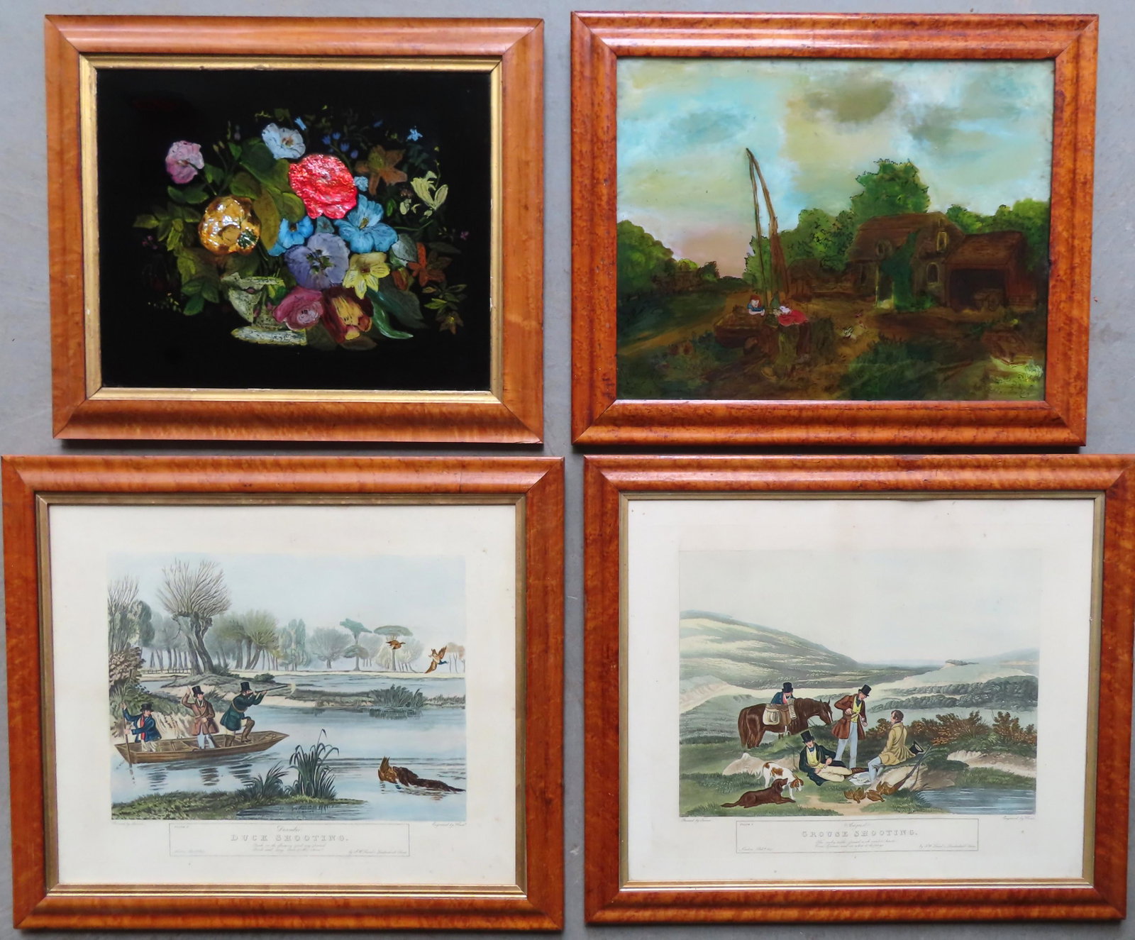 A grouping of 4 large birdseye maple frames, 19th c: A grouping of 4 large birdseye maple frames, early to mid 19th century. All currently holding artwork that includes: A hand colored print titled "August / Grouse Shooting" after a painting by Turner a