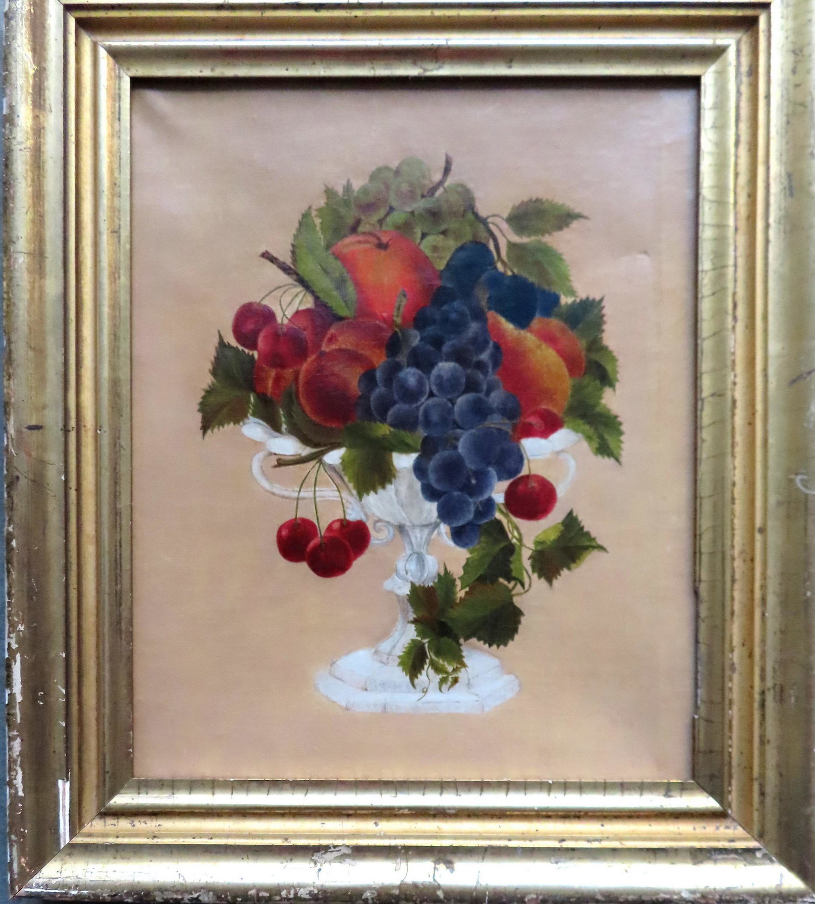 Theorem O/C Flowers in white urn shaped bowl, mid to: Theorem O/C Flowers in white urn shaped bowl, mid to late 19th century in original lemon gold frame. The artwork is in very good condition but the period fame shows some use wear. The stretcher size i