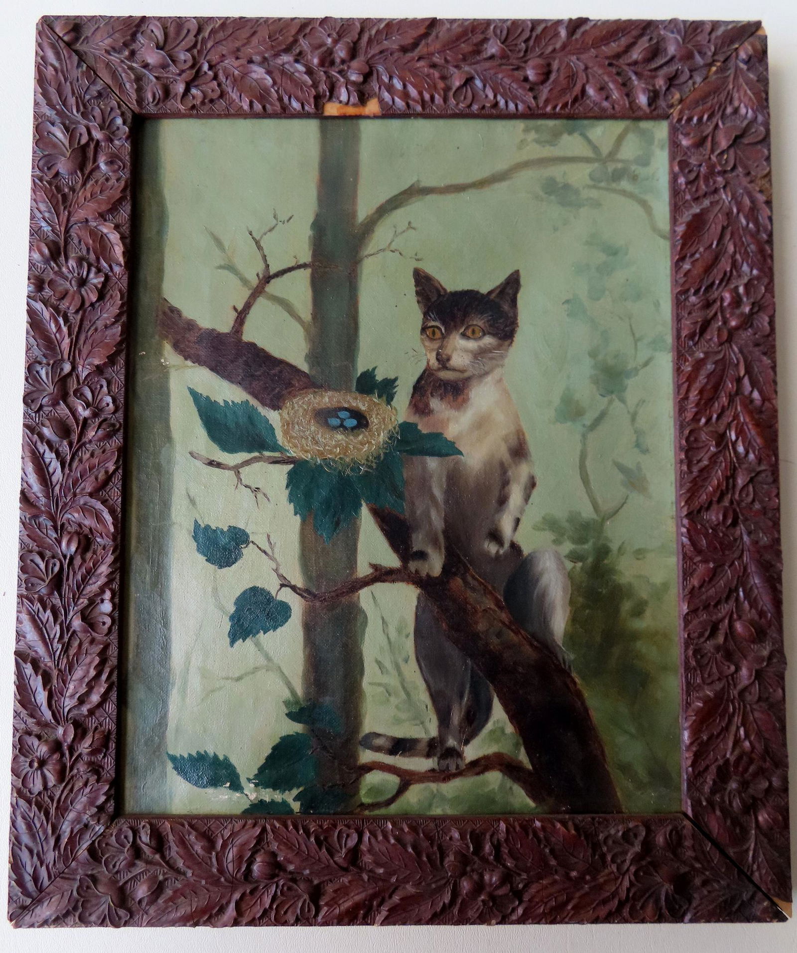 Folk-art painting, O/C Cat in tree near bird nest with (1 of 5)