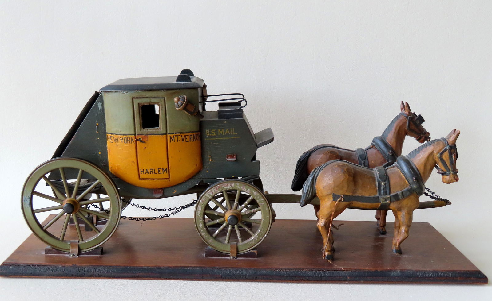 Handmade folk art stage coach model pulled by 2 carved (1 of 9)