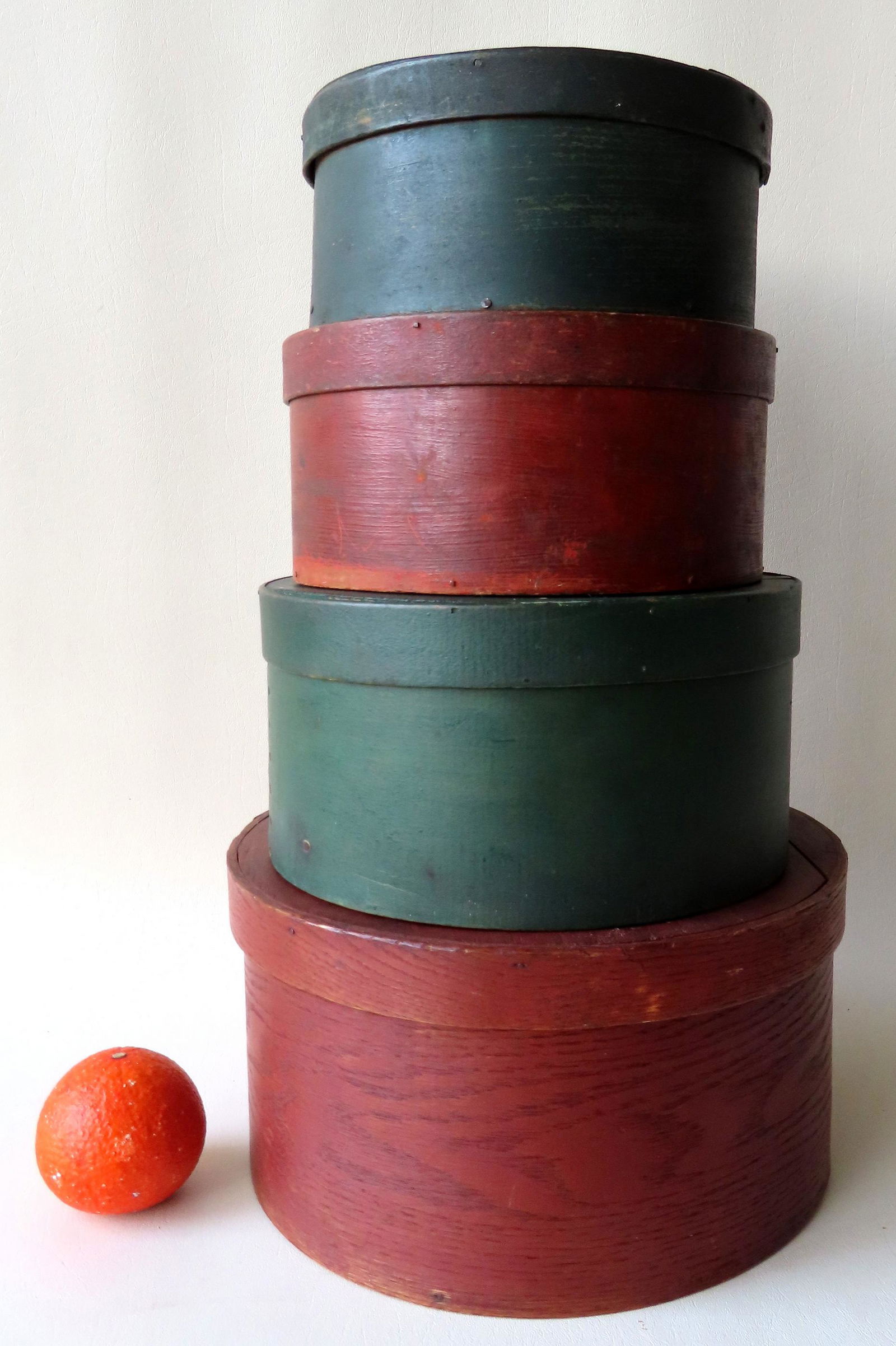 Grouping of 4 stacked pantry boxes, 2 in original green (1 of 7)