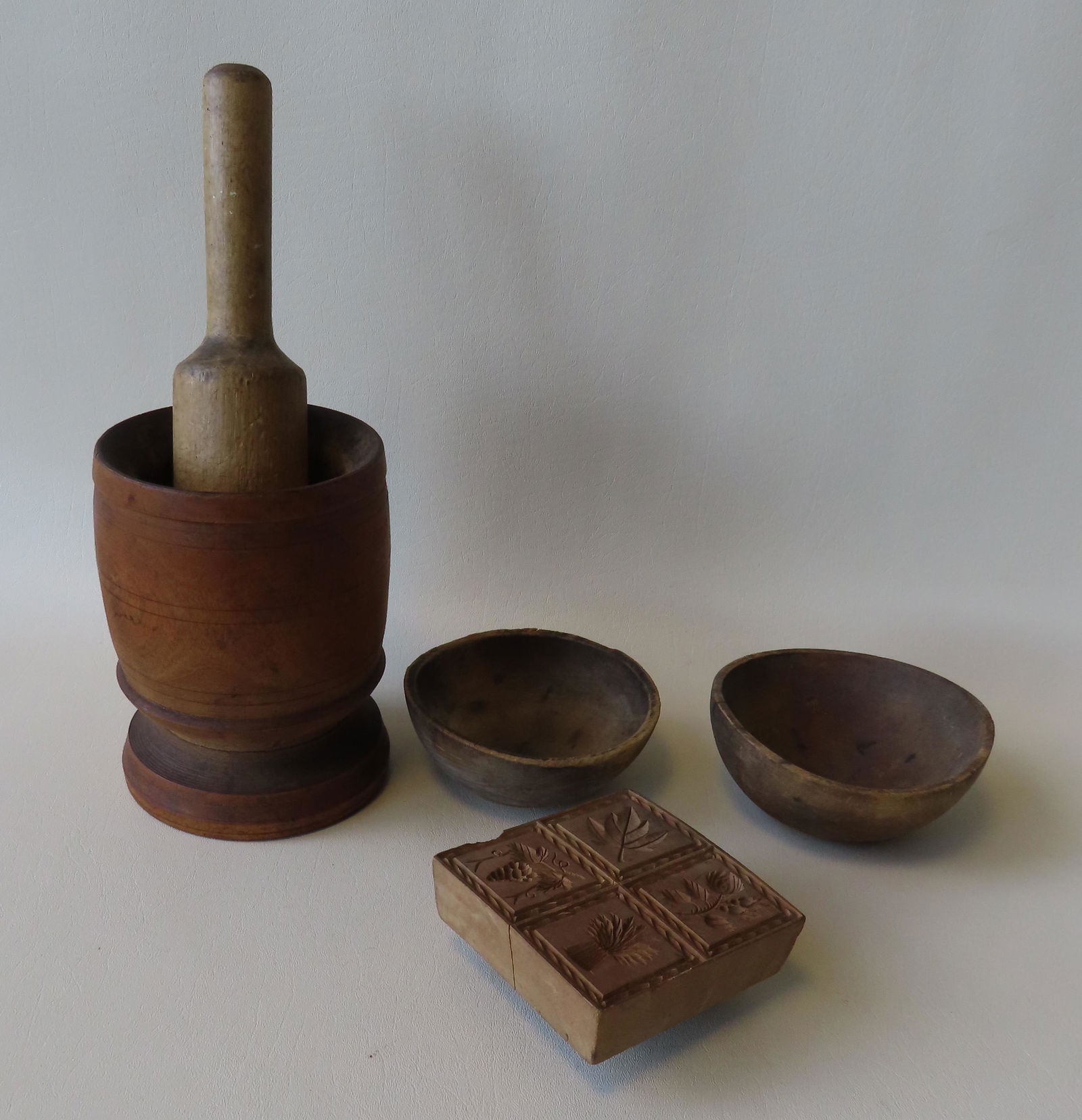 Grouping of treenware including a hand dug mortar and (1 of 6)