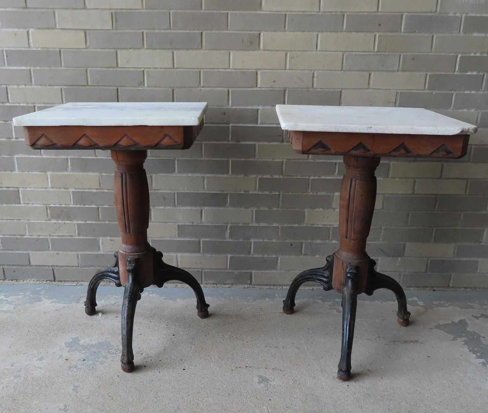 Two unusual marble top lamp tables with carved apron, (1 of 9)