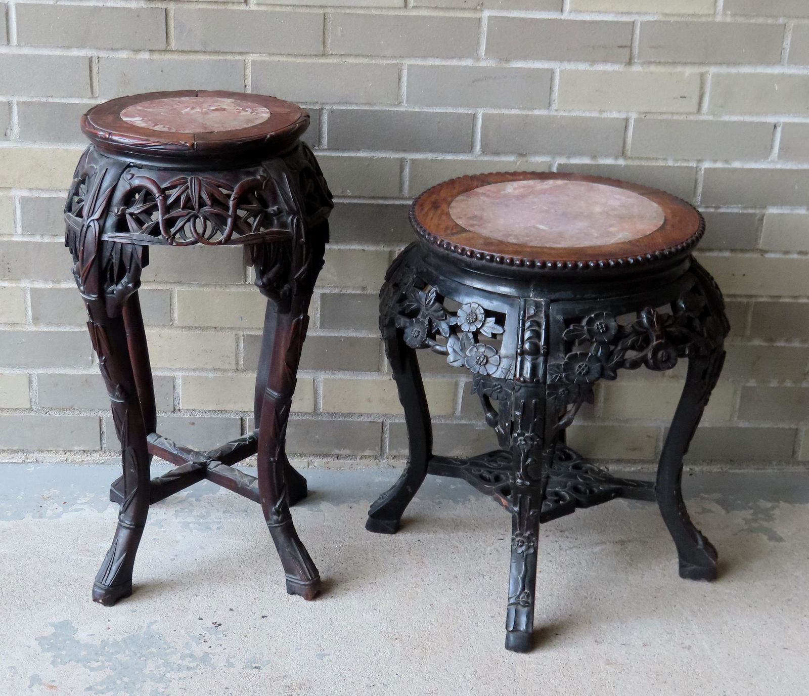 Two oriental teakwood carved stands with rose colored (1 of 12)