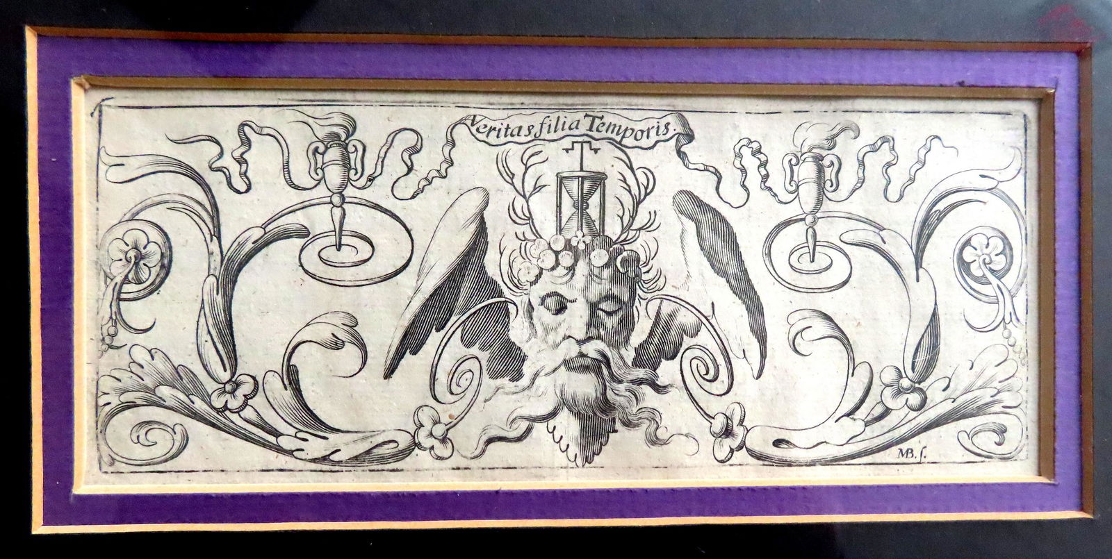 Lithograph of Father Time with architectural scrolls (1 of 3)