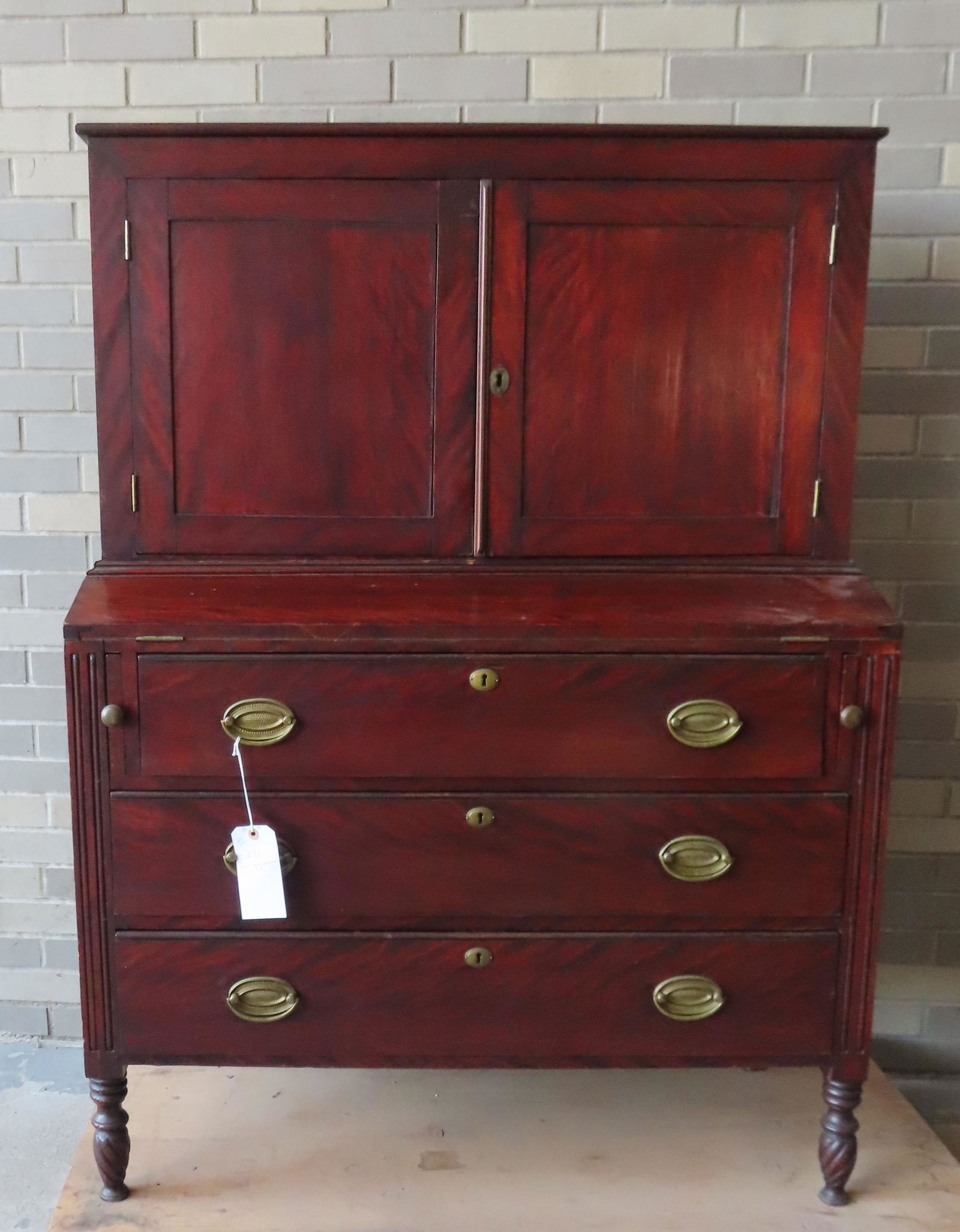 A New England stained figured birch 2 part secretary (1 of 10)