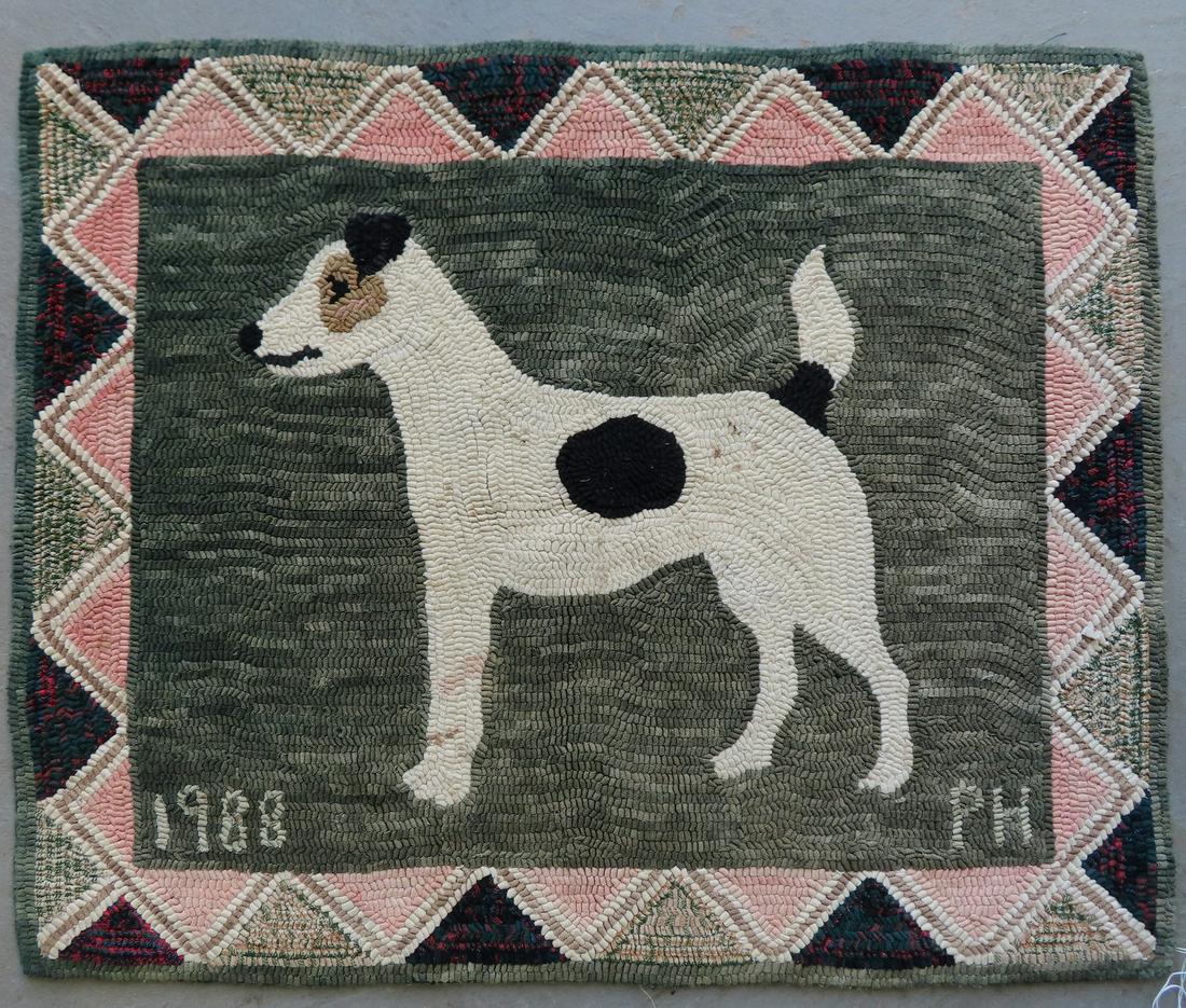 Pictorial hooked rug of a terrier dog with a saw tooth: Pictorial hooked rug of a terrier dog with a saw tooth border, signed PH - 1988. Minor stains, and overall very good condition. 31"W x 25 1/4H"
