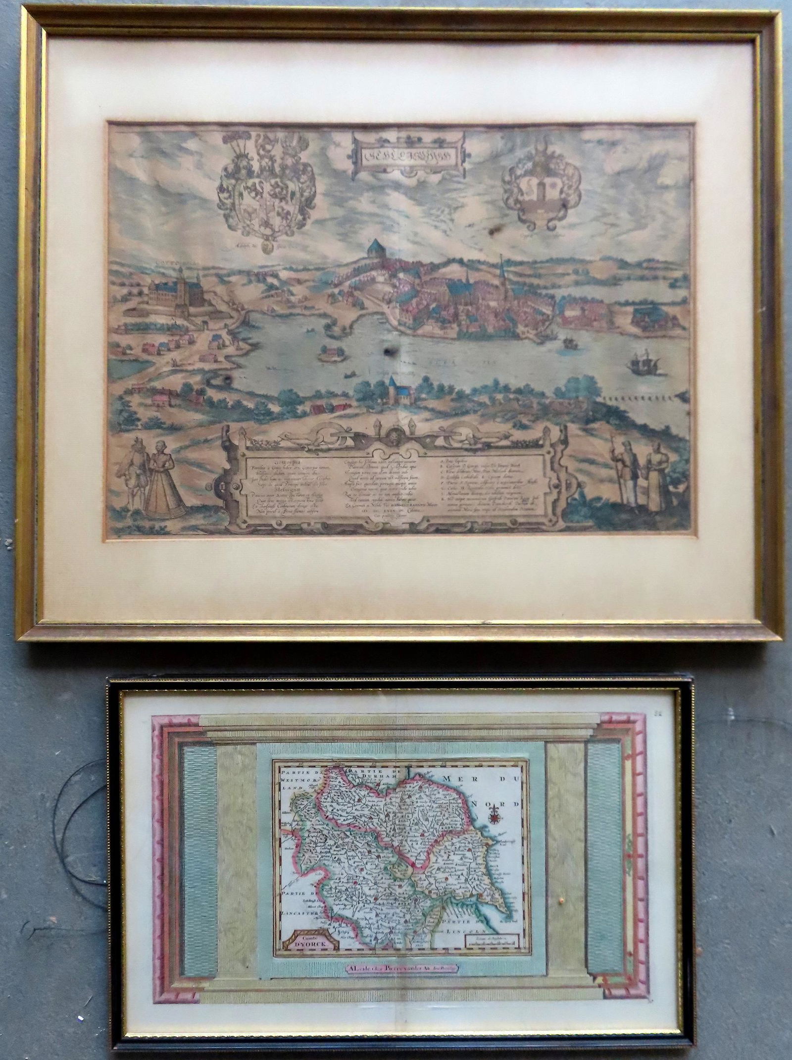 Two early hand colored European views/maps. (1 of 8)