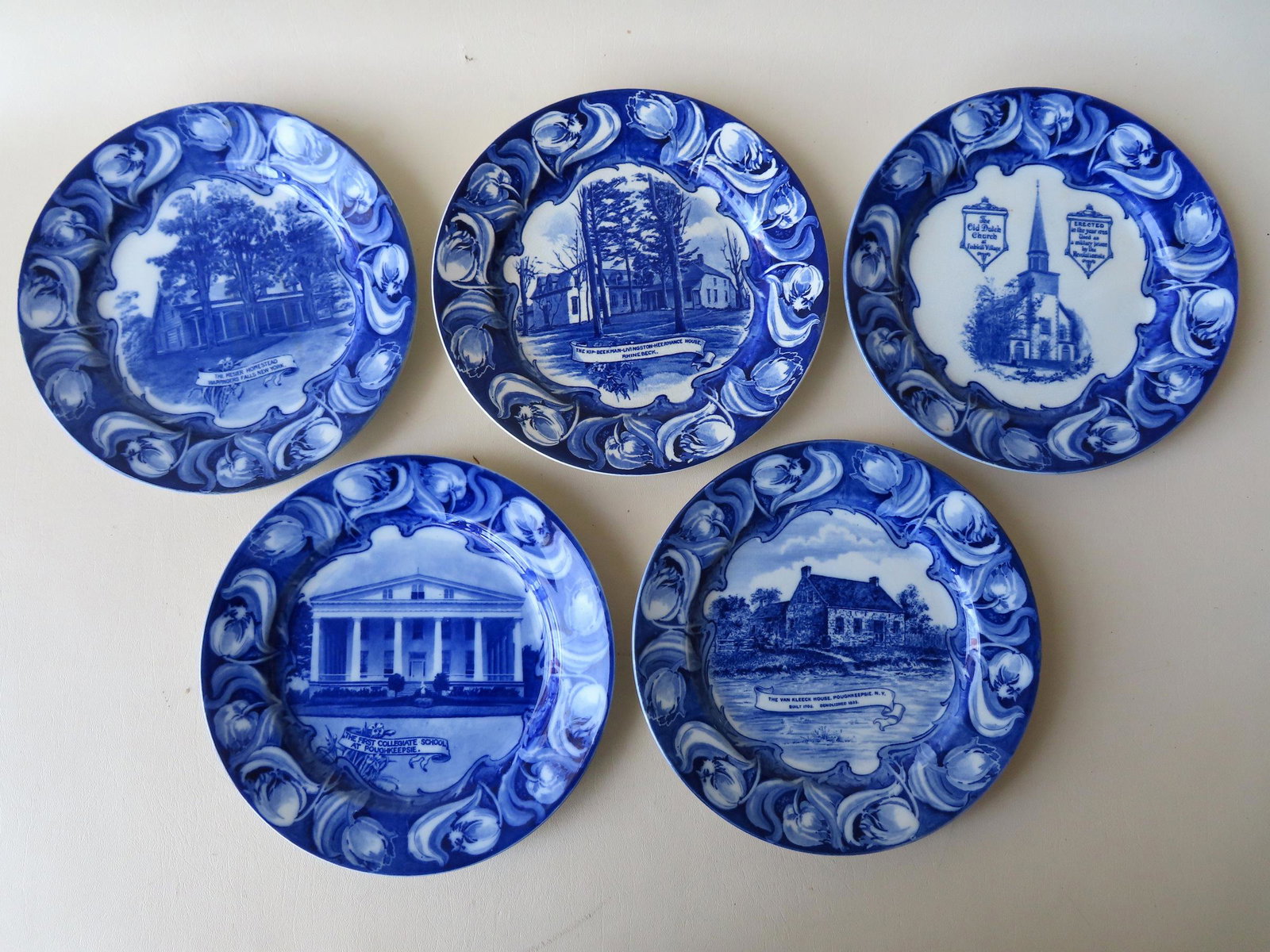 A set of 5 Dutchess County NY Historical Society plates: A set of 5 Dutchess County NY Historical Society plates by Royal Doulton, each 10 1/2" diameter and in excellent condition with no chips, cracks or repairs. Includes: Vankleek house 1910, First Colleg