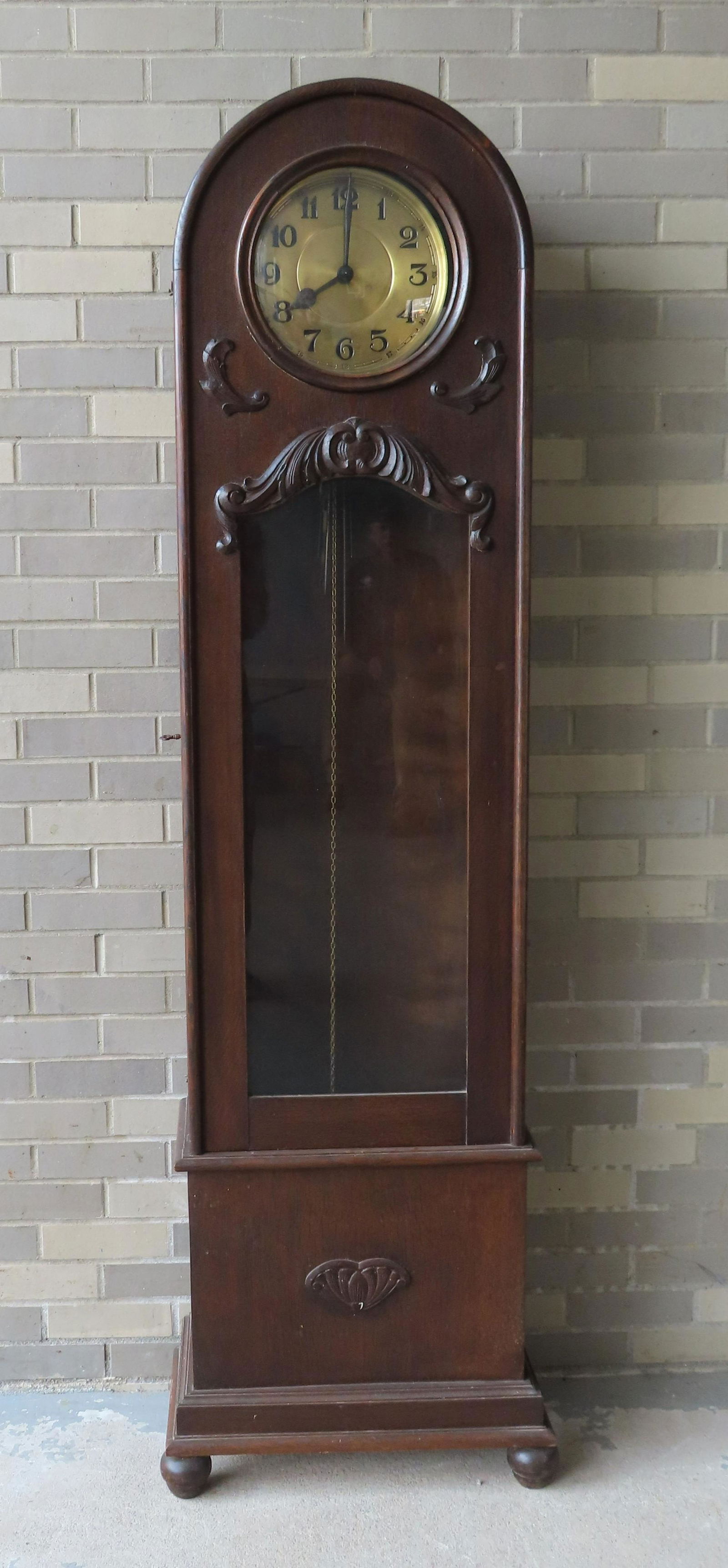 A German oak grandfather clock, weight driven, brass (1 of 9)