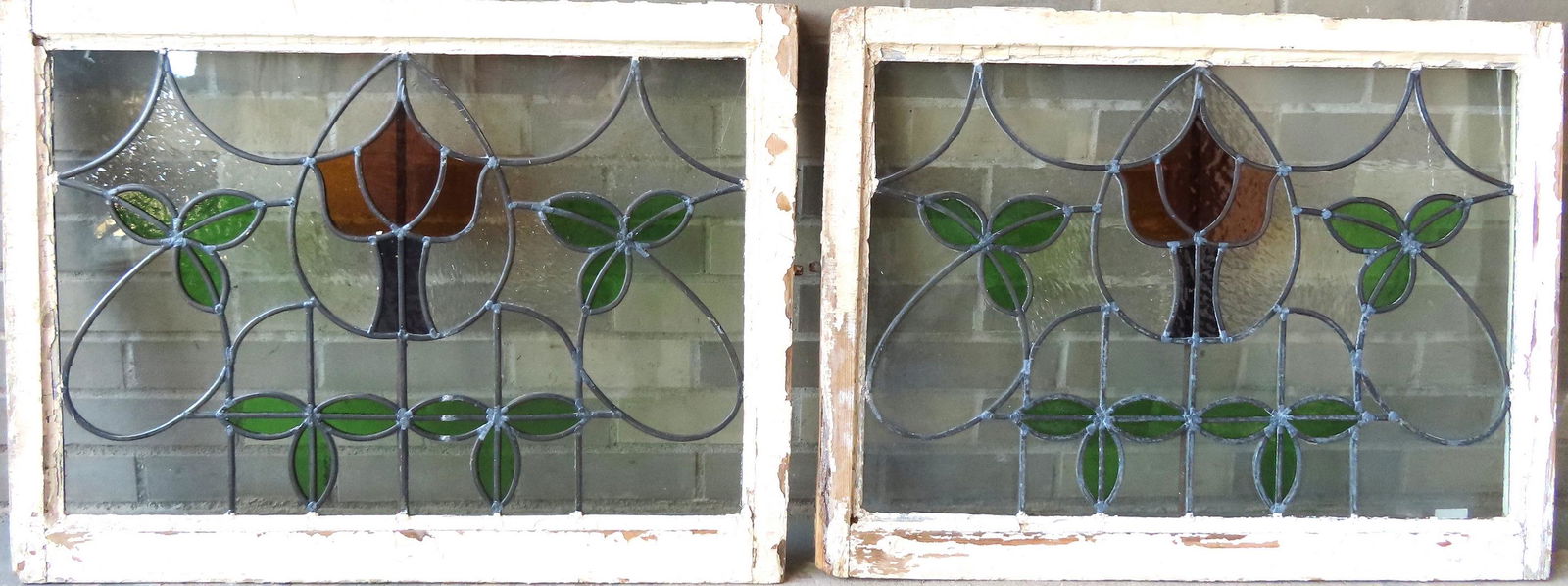 Pair of matching stained and leaded glass windows with (1 of 8)