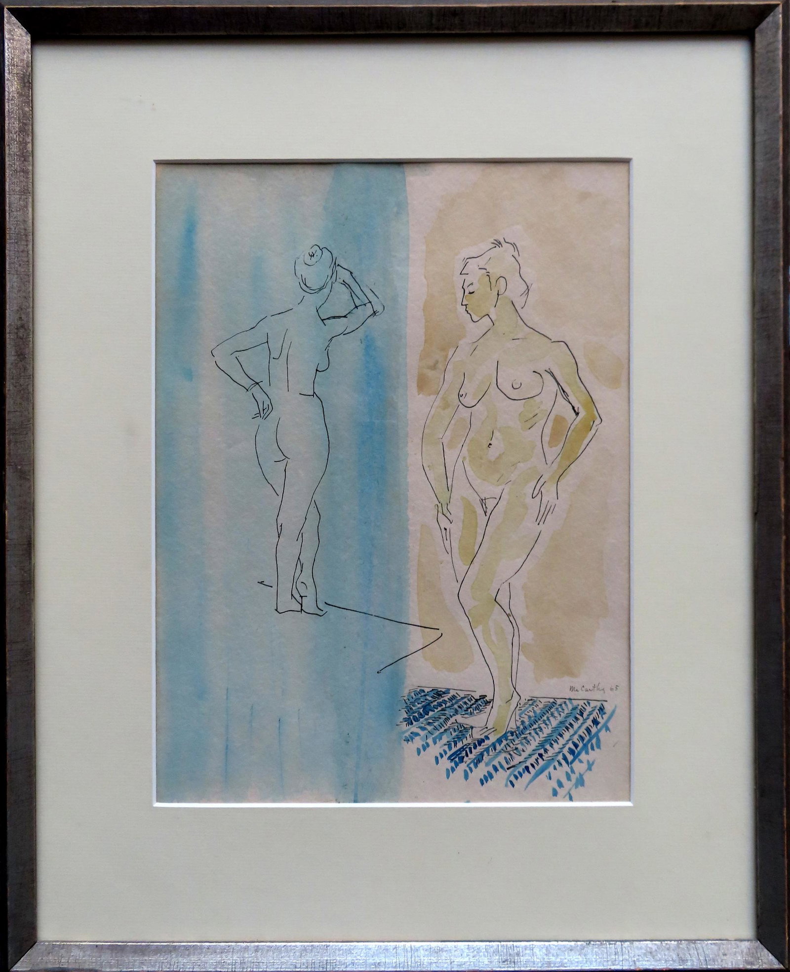 Frances McCarthy, active in Pennsylvania 1923-2005.: Frances McCarthy, active in Pennsylvania 1923-2005. Mixed media (watercolor and black ink) modernistic sketch of 2 standing nude women, signed McCarthy '65. Total frame size 17 1/2" x 21 1/2".