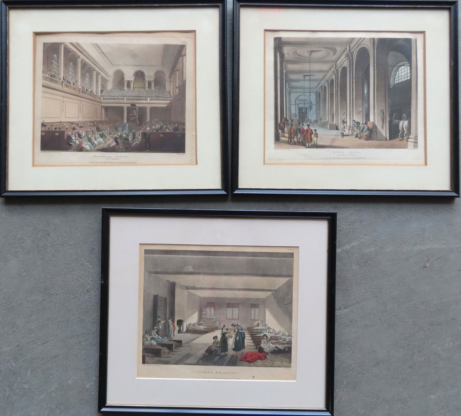 Grouping of 3 colored engravings by Pugin & Rowlandson, (1 of 4)