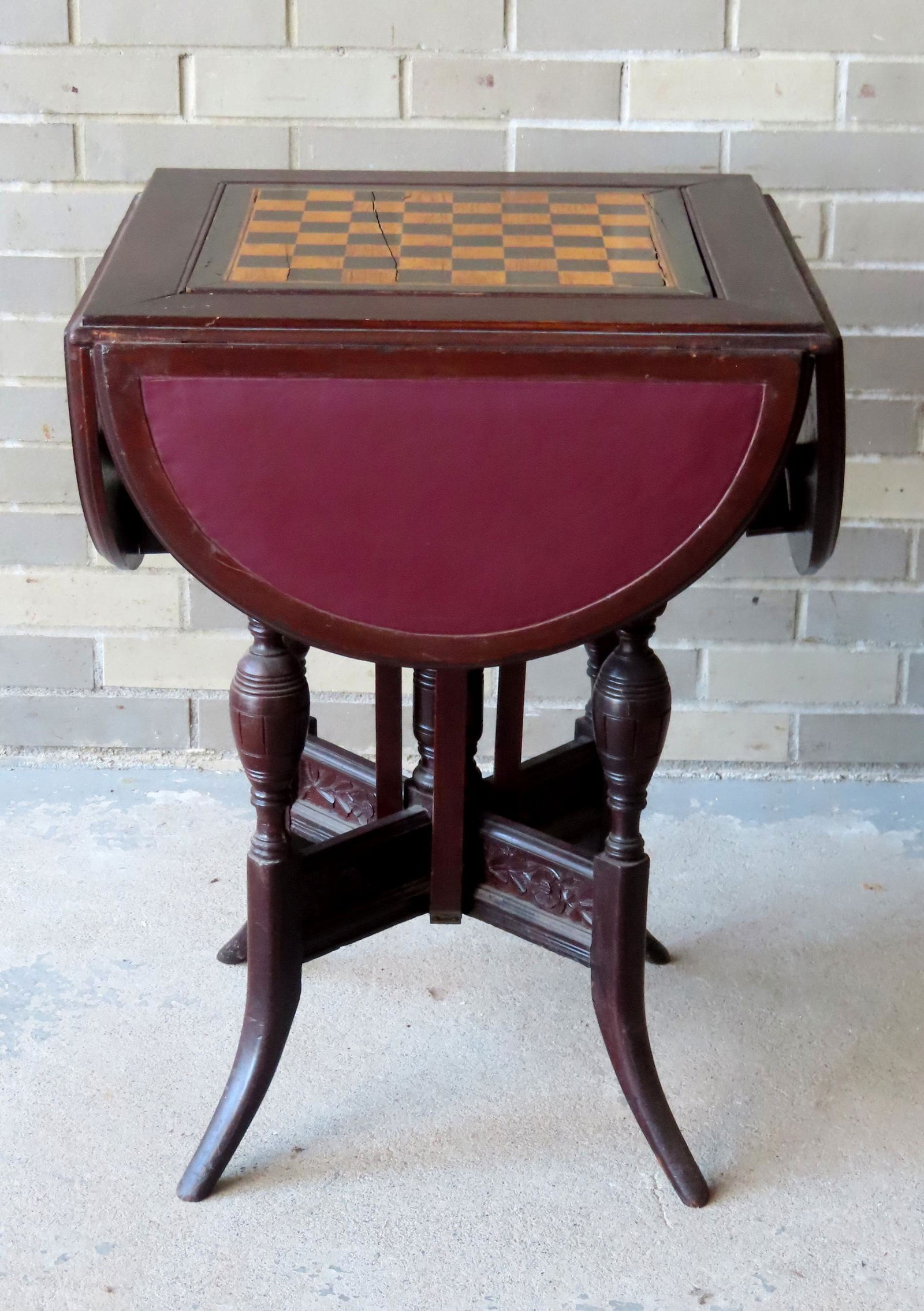 Victorian game table with inlaid game board top, having (1 of 8)