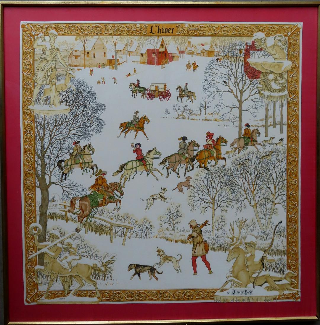 A framed Hermes scarf signed "L'hiver" (Winter) - also (1 of 4)