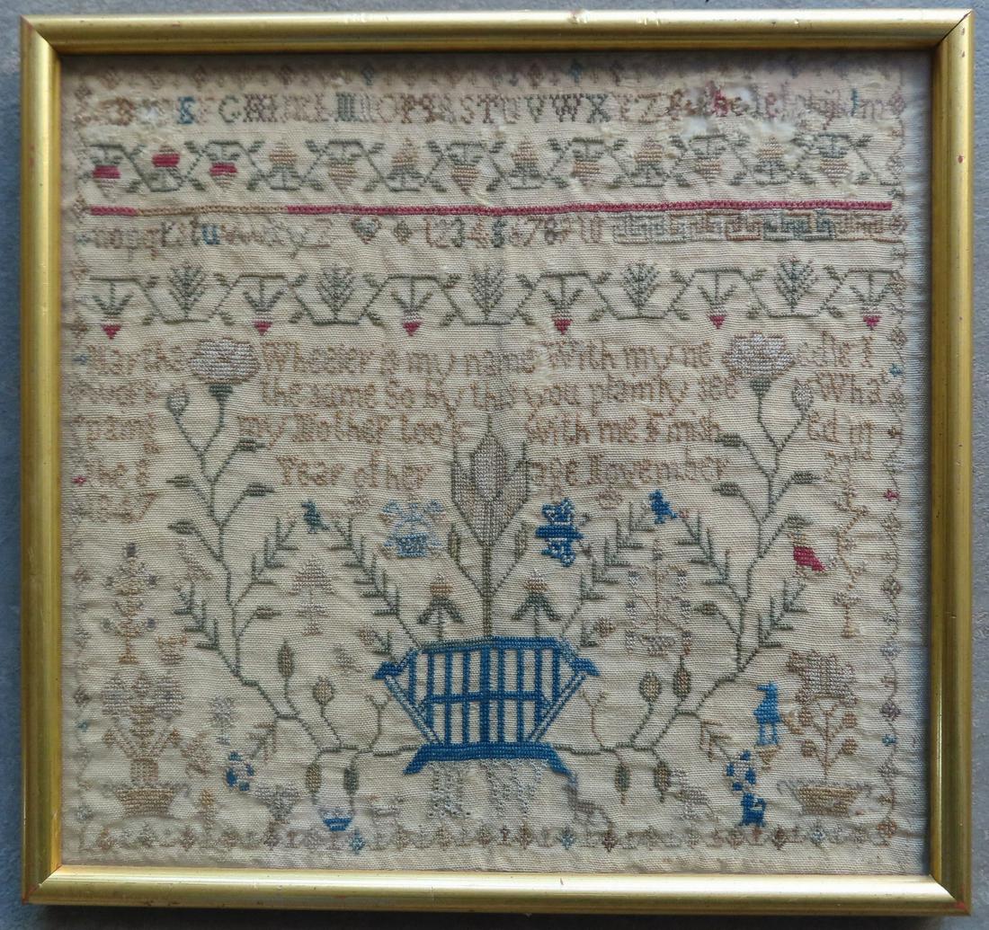 A pictorial and alphabet sampler embroidered "Martha (1 of 3)