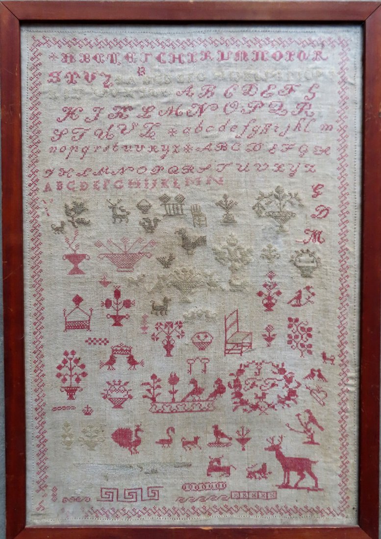 Large alphabet and pictorial sampler, signed illegibly, (1 of 5)