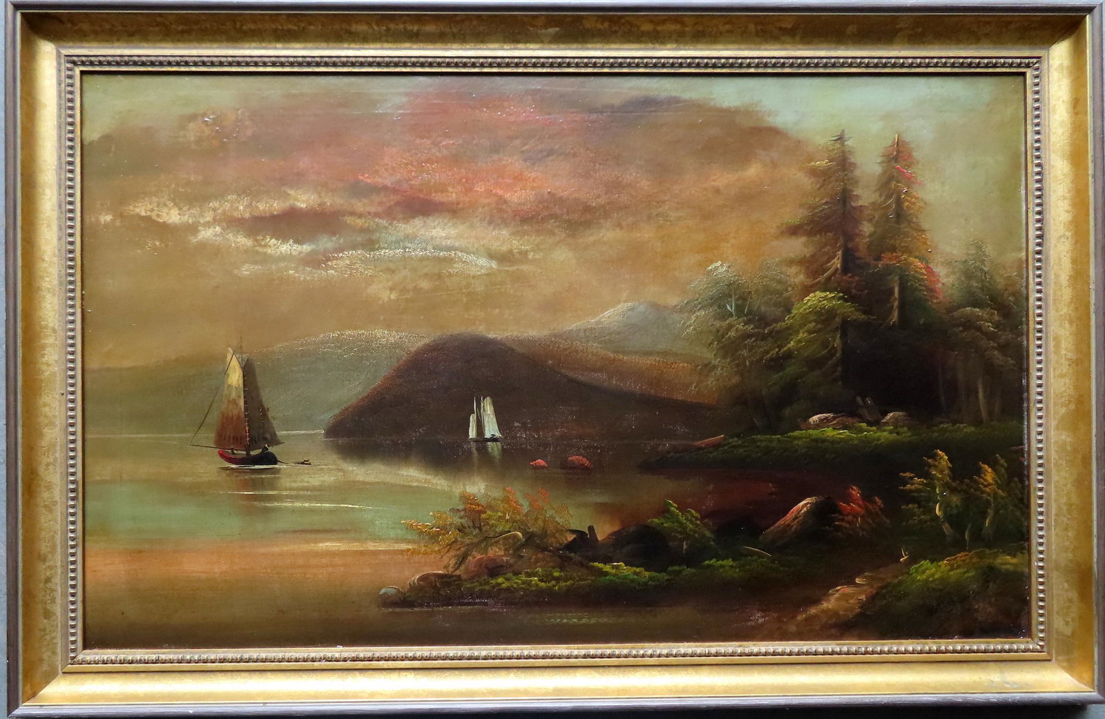 O/B Country mountain landscape with lake and sailboats, (1 of 3)