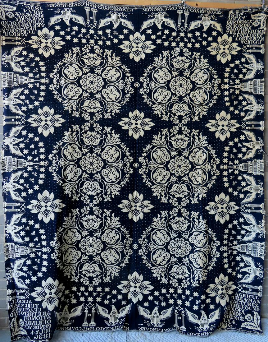 A patriotic blue and white woven single panel coverlet (1 of 11)