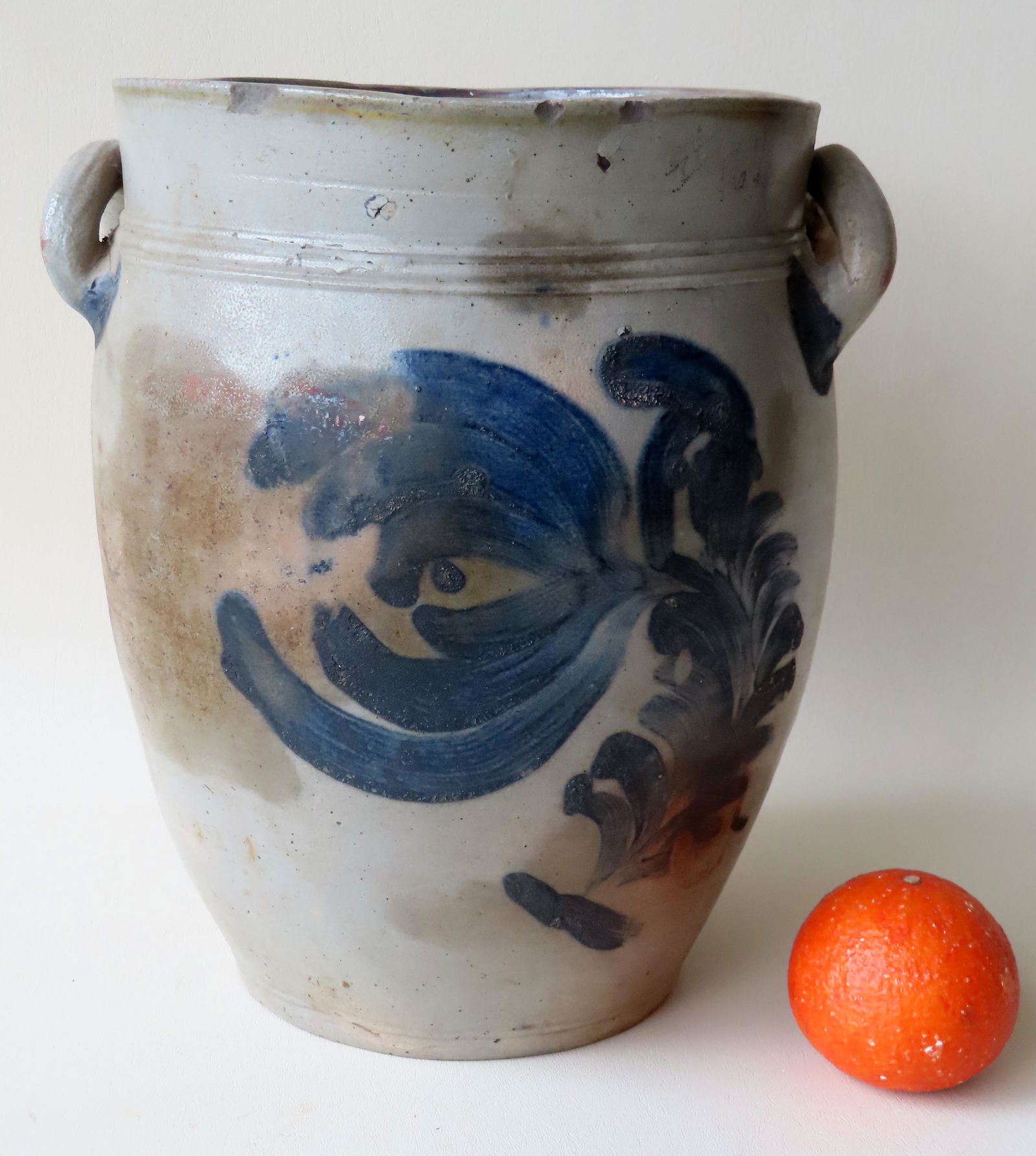 Stoneware jar, 3 gallon size, decorated with a large (1 of 8)