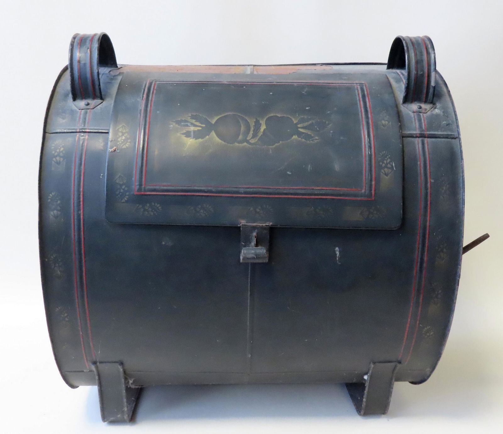 An early stenciled tin fireplace roaster with skewer, (1 of 9)