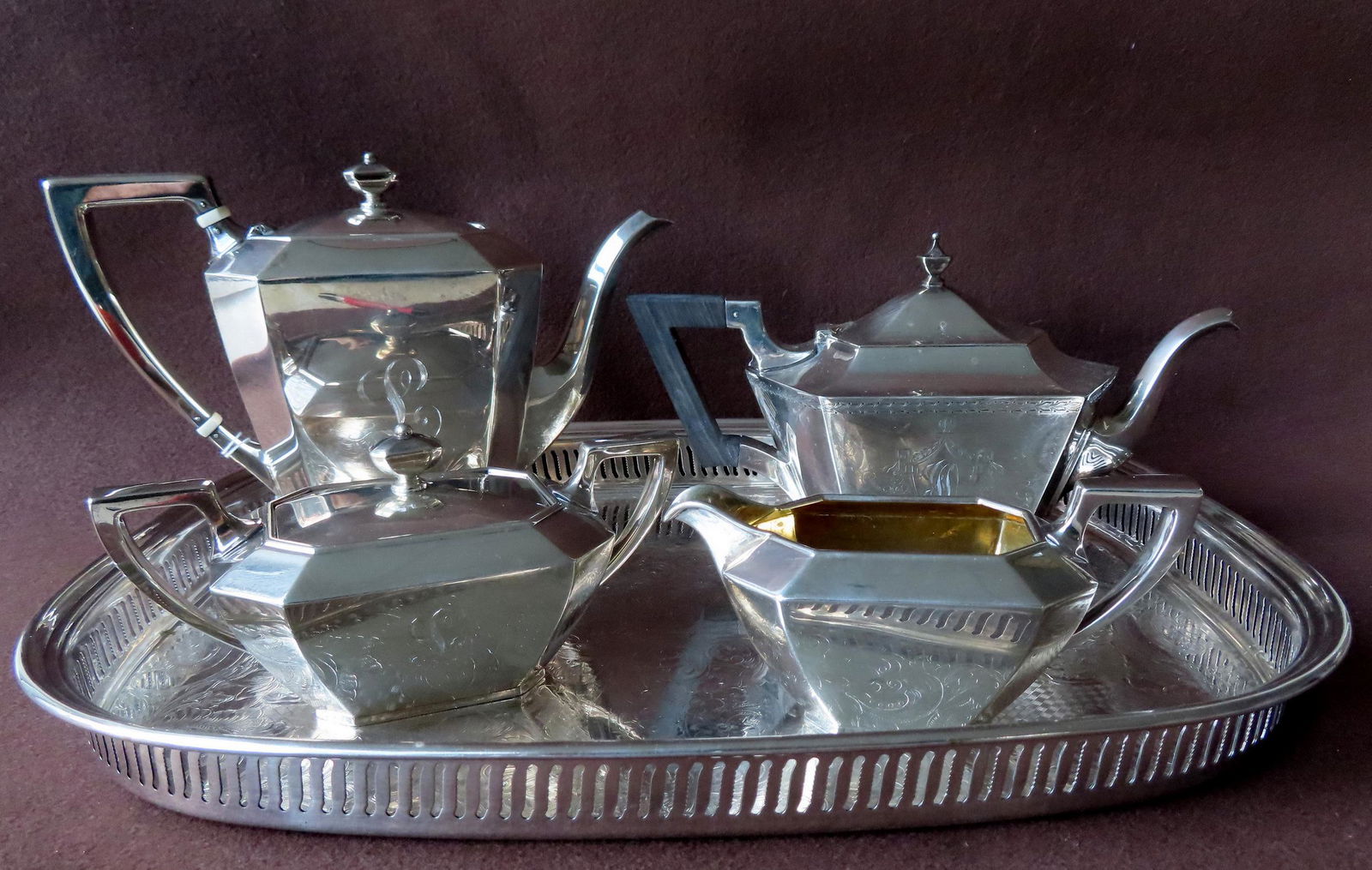 A 4 piece sterling silver tea service with silver plate (1 of 6)