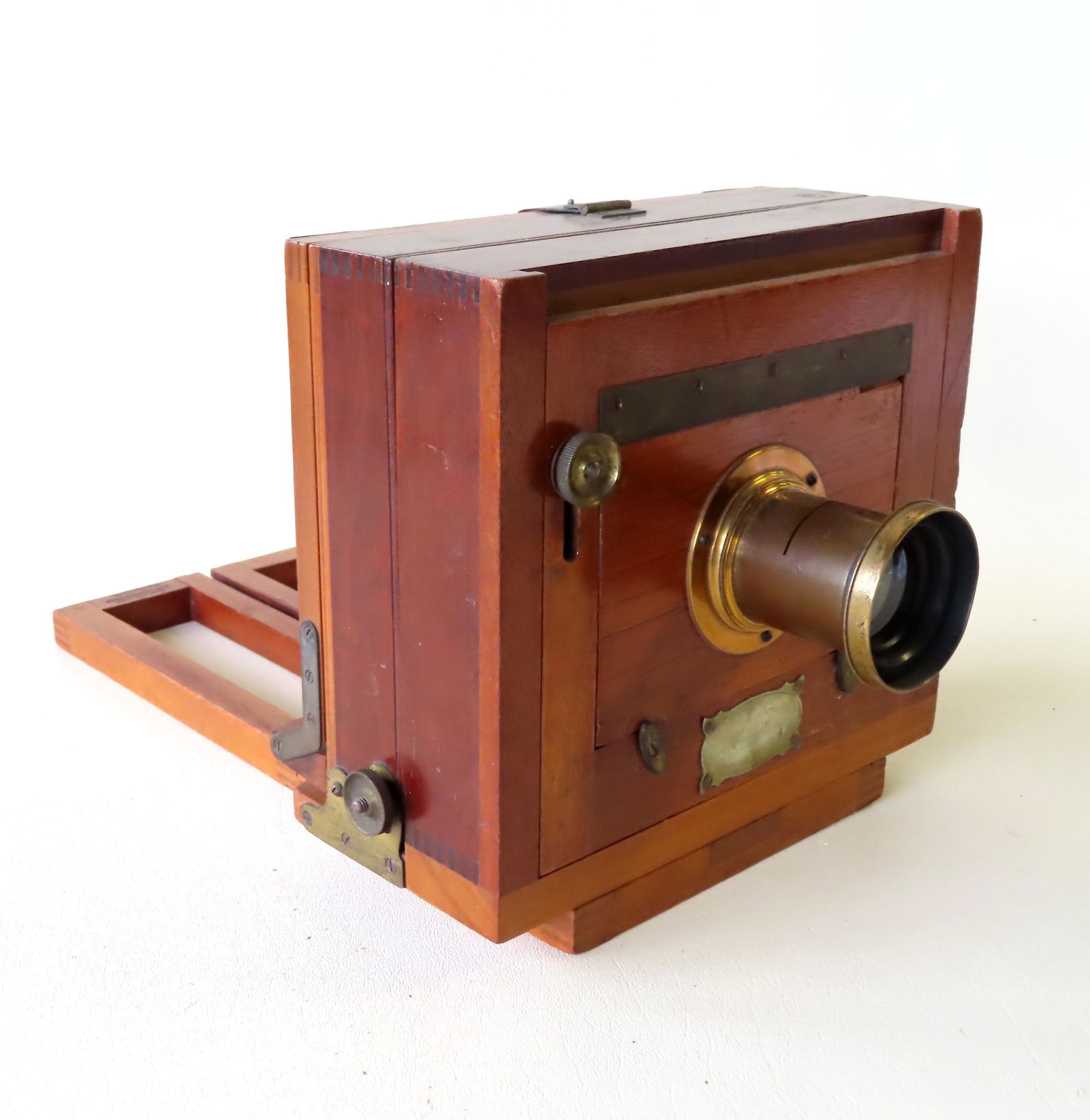 Vintage wooden box camera with brass lens, signed (1 of 12)