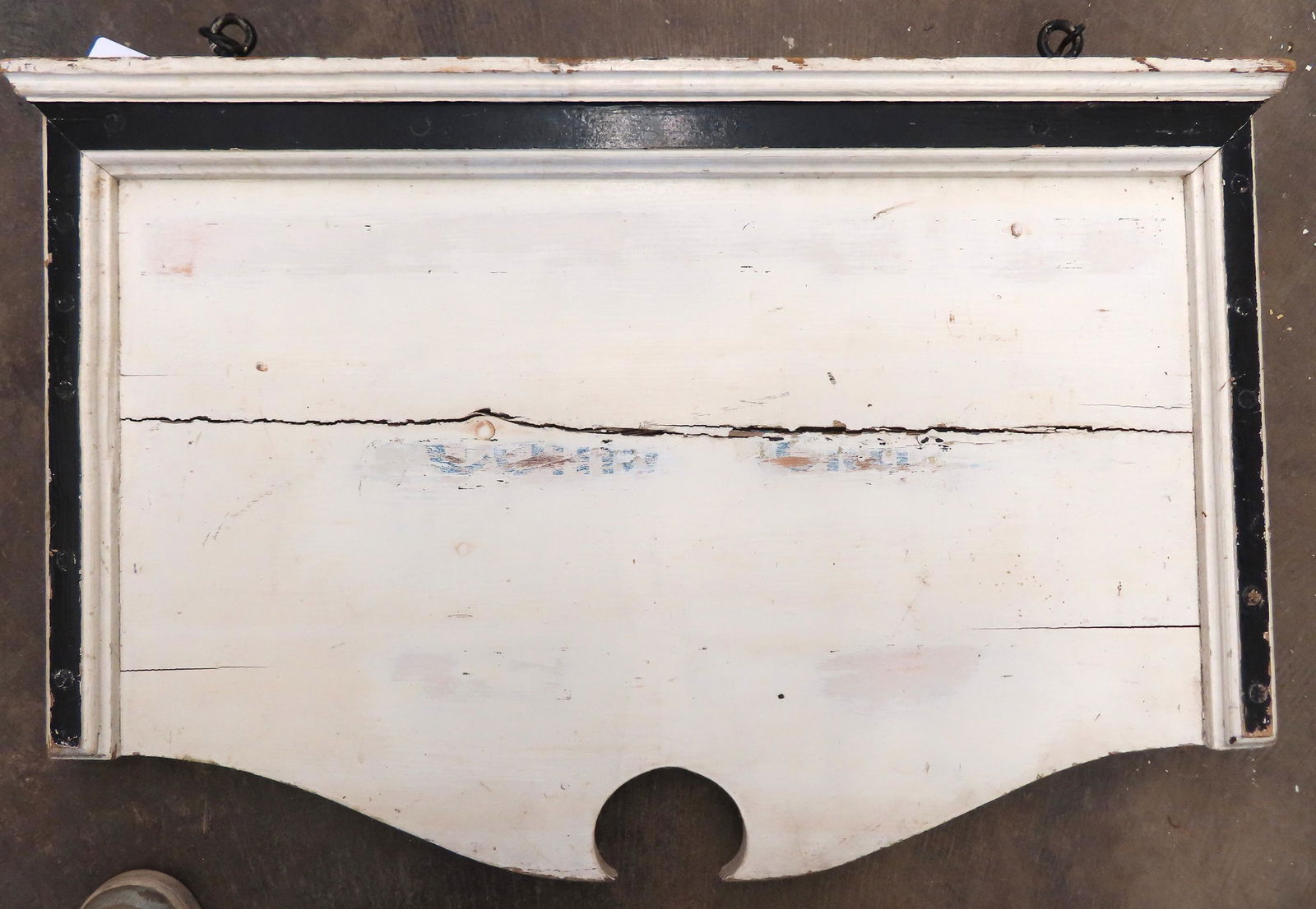 A double sided wood hanging sign with worn lettering, (1 of 4)