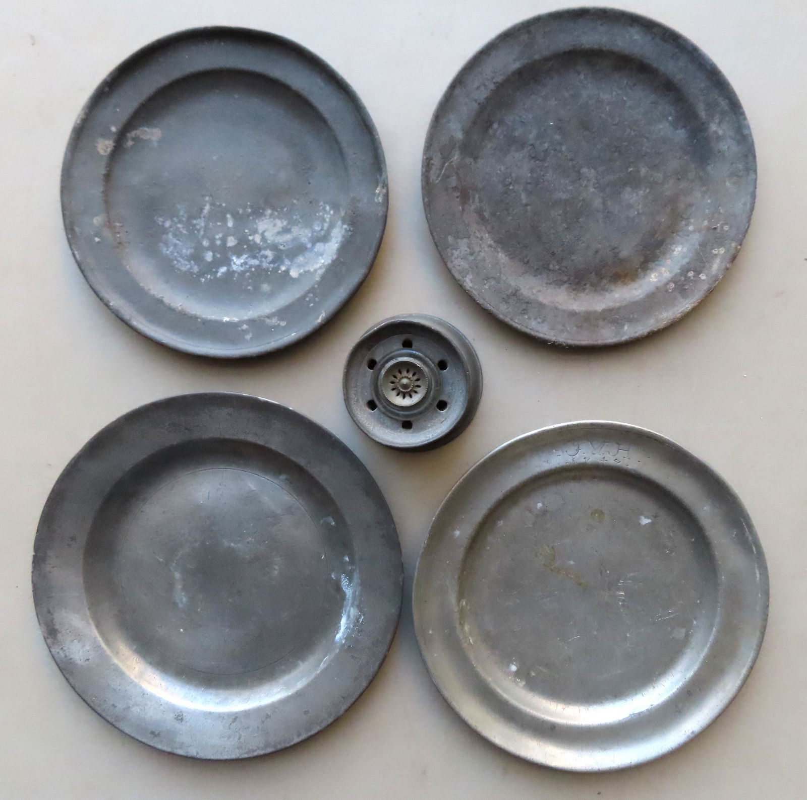 Four pieces of early pewter including: Inkwell, (1 of 10)