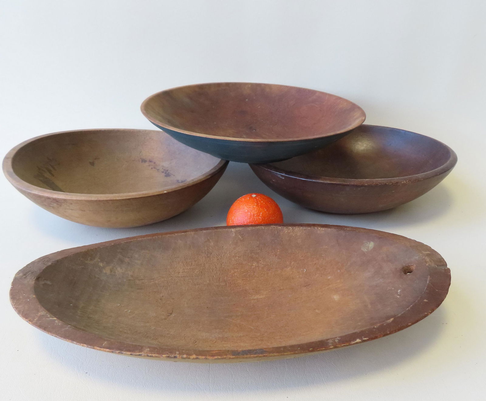 Four early treenware bowls, 2 in newer paint - one blue (1 of 10)