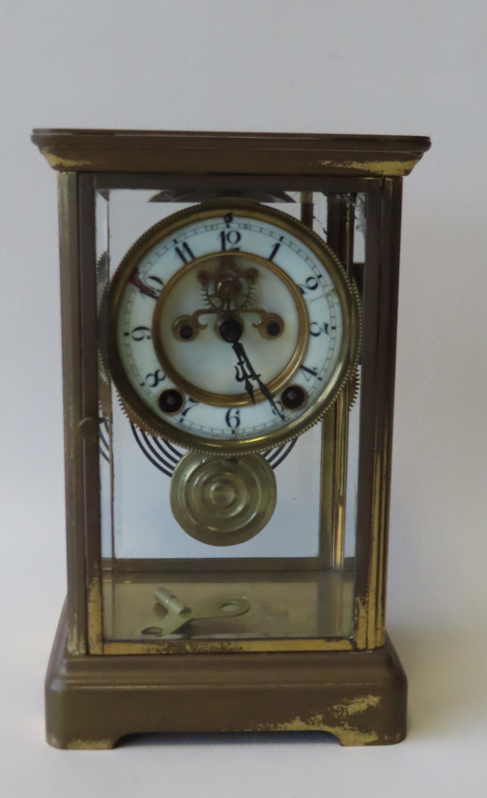 Brass mantle clock with beveled glass sides, open (1 of 8)