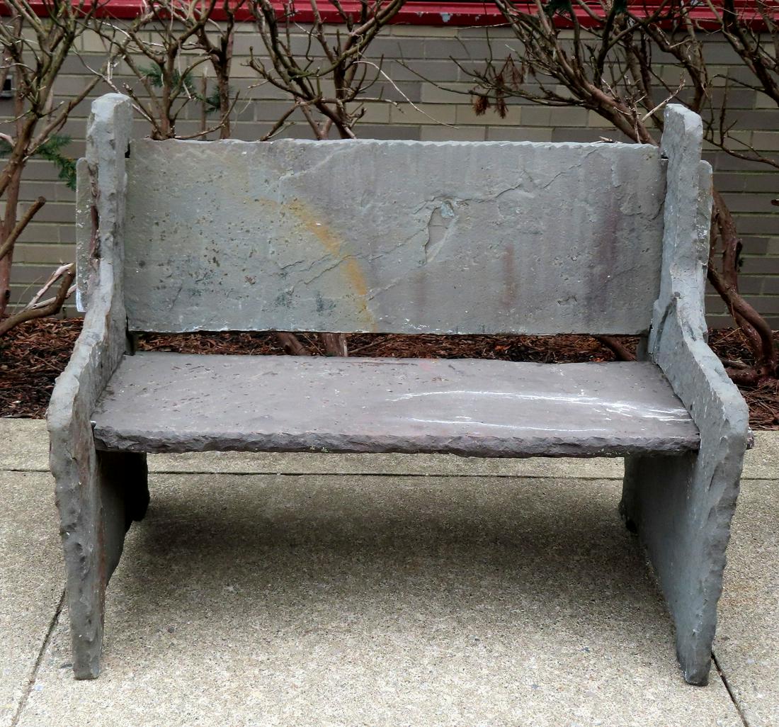 Custom made flagstone settee, probably 3rd quarter 20th century, very good condition. Can be: Custom made quarry stone settee, probably 3rd quarter 20th century, very good condition. Can be disassembled or moved as it sits but very heavy and very sturdy. Stone is either flagstone or slate. Mea