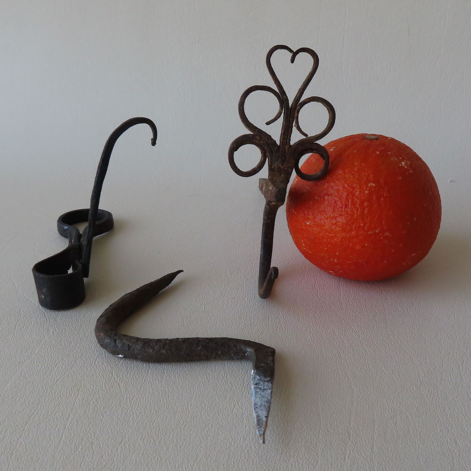 Three hand forged iron lightening device holders including a sticking Tommy,, one with a long spike (1 of 6)
