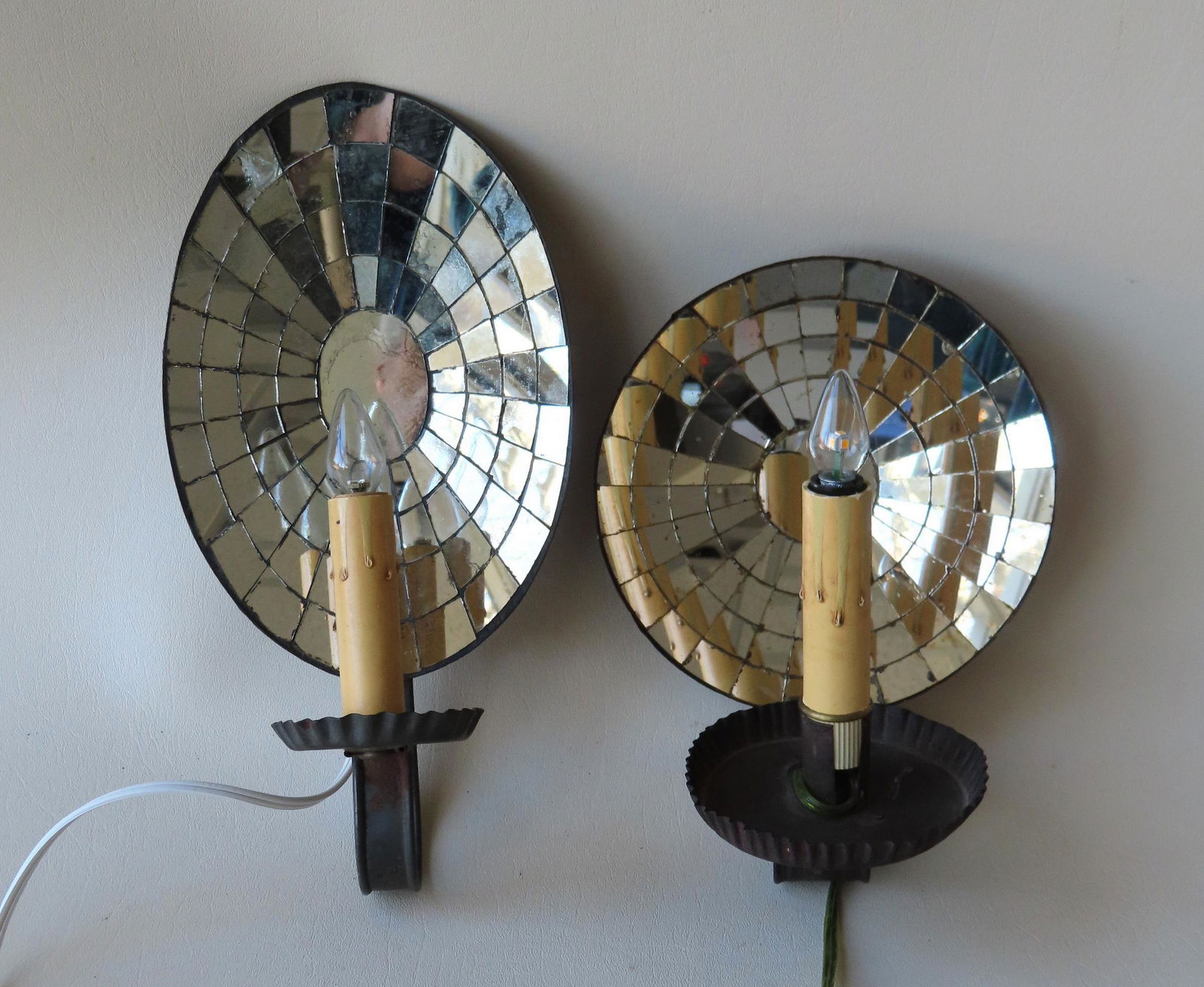 Two mirror back electrified wall sconces. The first, circular with minor repair on reverse side - 7 (1 of 10)