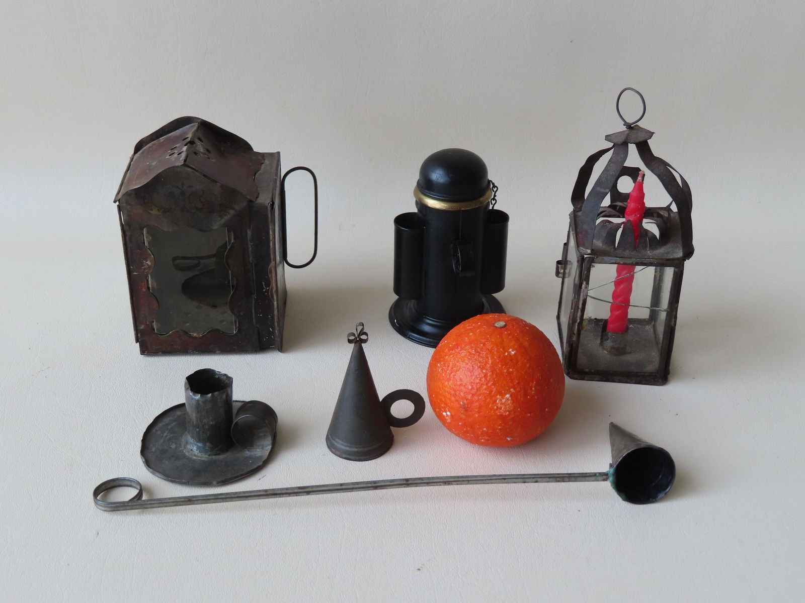 Grouping of 6 lighting related metal collectibles including: Small tin candle lantern with glass (1 of 13)