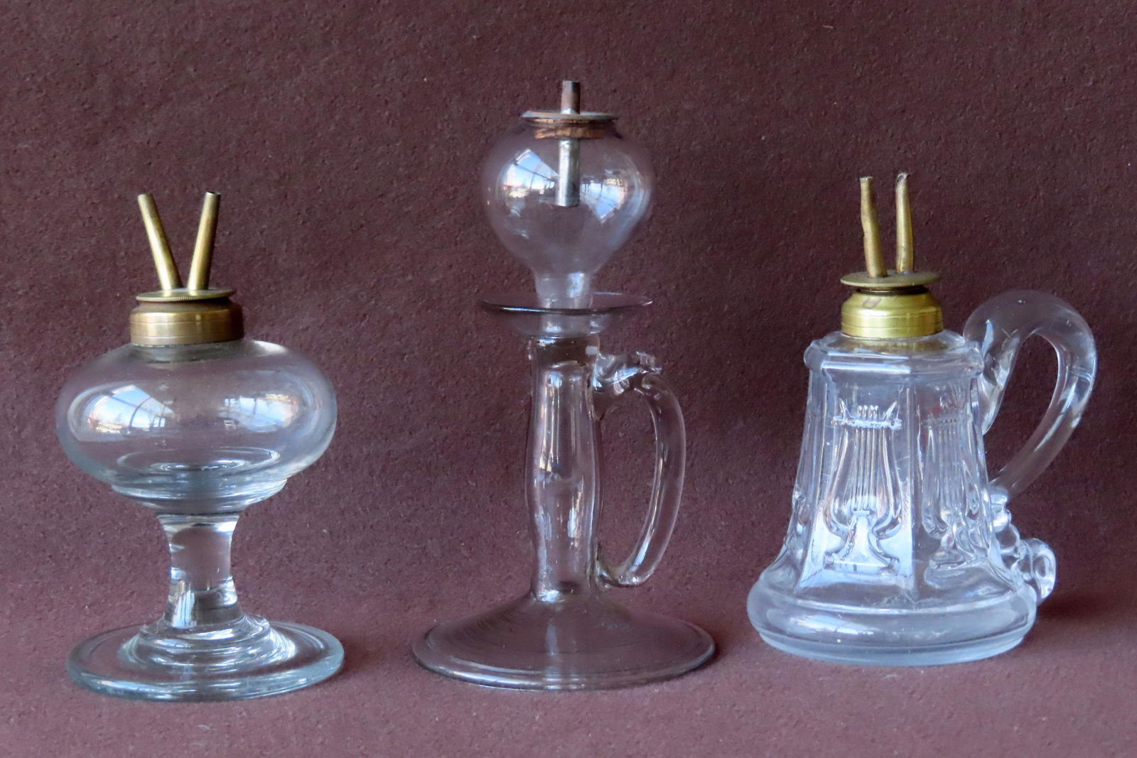 Three early New England fluid lamps. The first 2 mold with lyre design across the hexagonal sides (1 of 16)