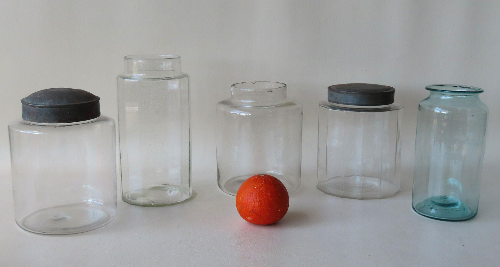 A grouping of 5 hand blown apothecary jars, all in light aqua, 19th century with smooth pontils, 2 (1 of 17)
