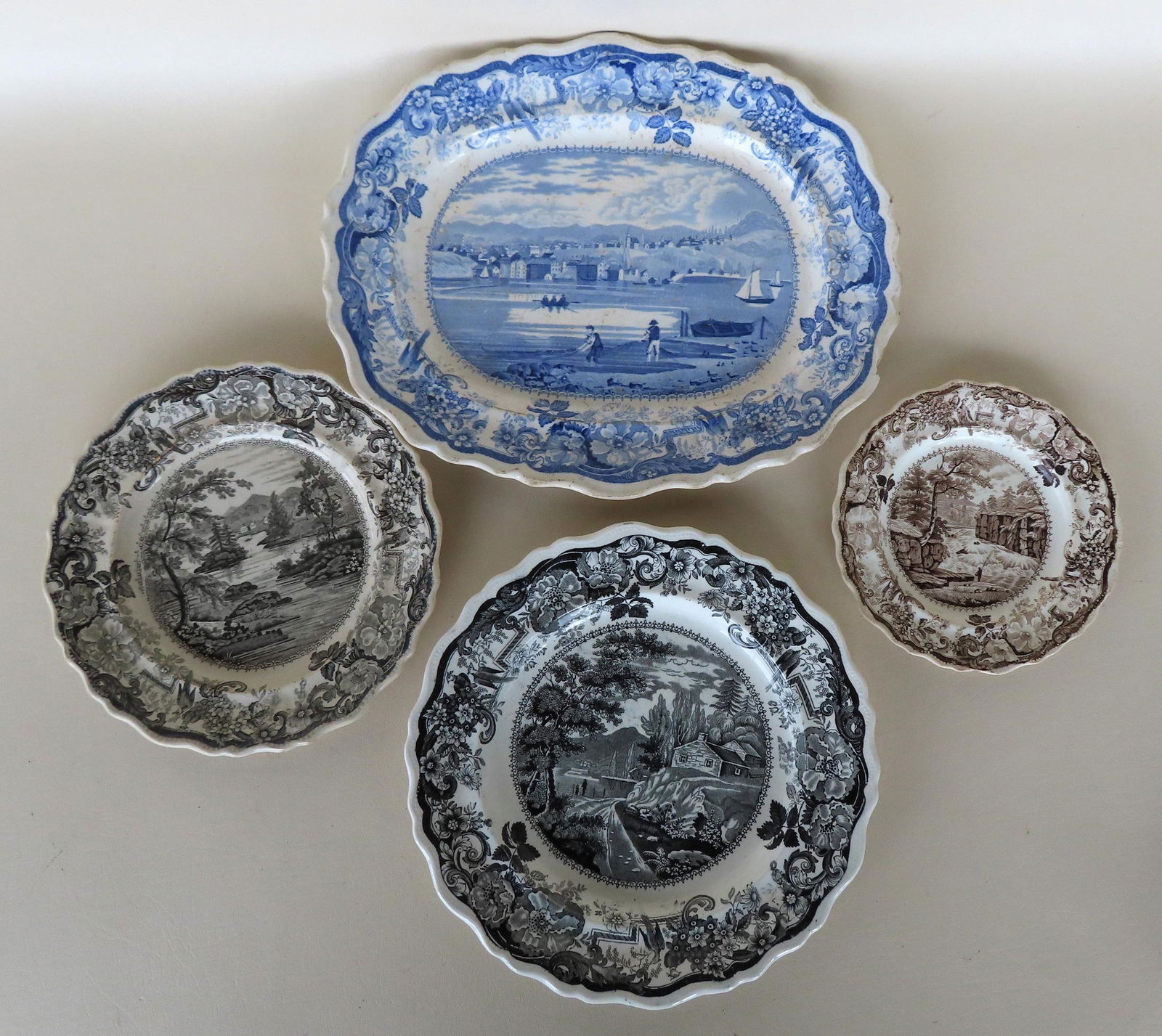 Four historic Staffordshire NY plates, early to mid 19th century including: "Picturesque Views / (1 of 9)