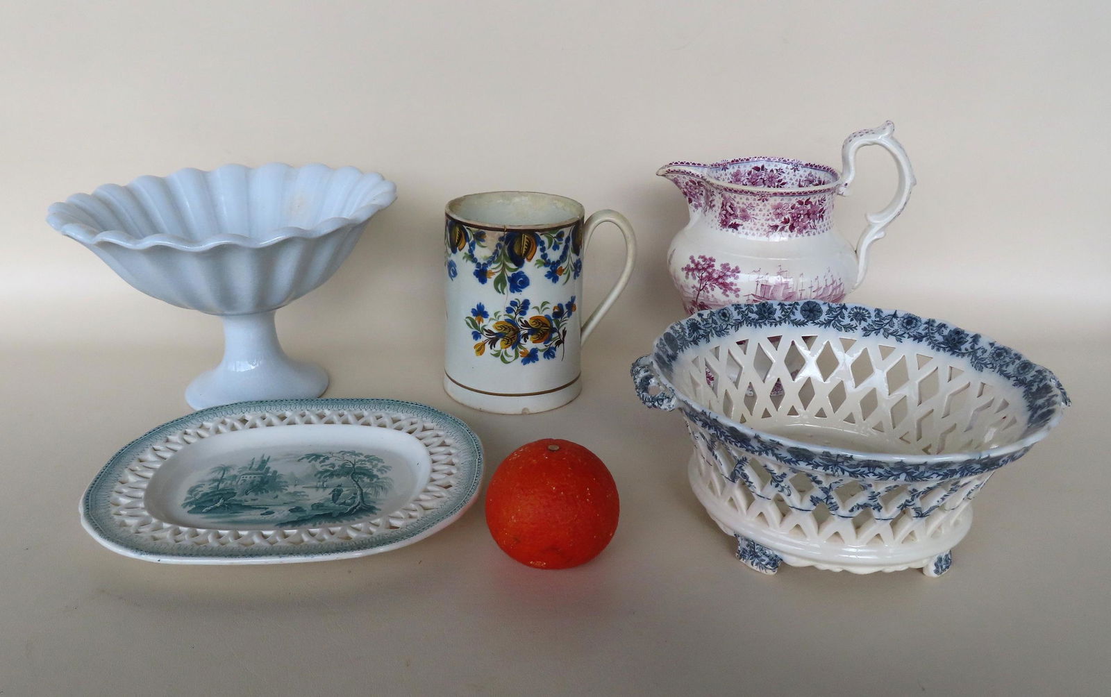 Assorted grouping of 5 pieces of early china including: Transferware pitcher with harbor scenes - 8 (1 of 12)