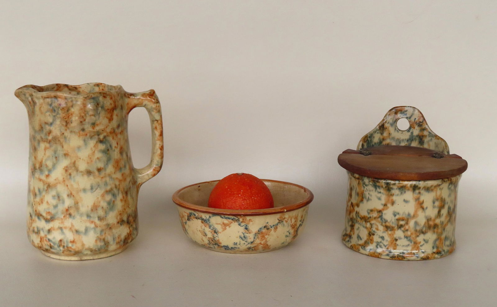 Three pieces of blue and brown spongeware including pitcher - 7 1/4"H; bowl - 6 1/2" diameter x 2 (1 of 4)