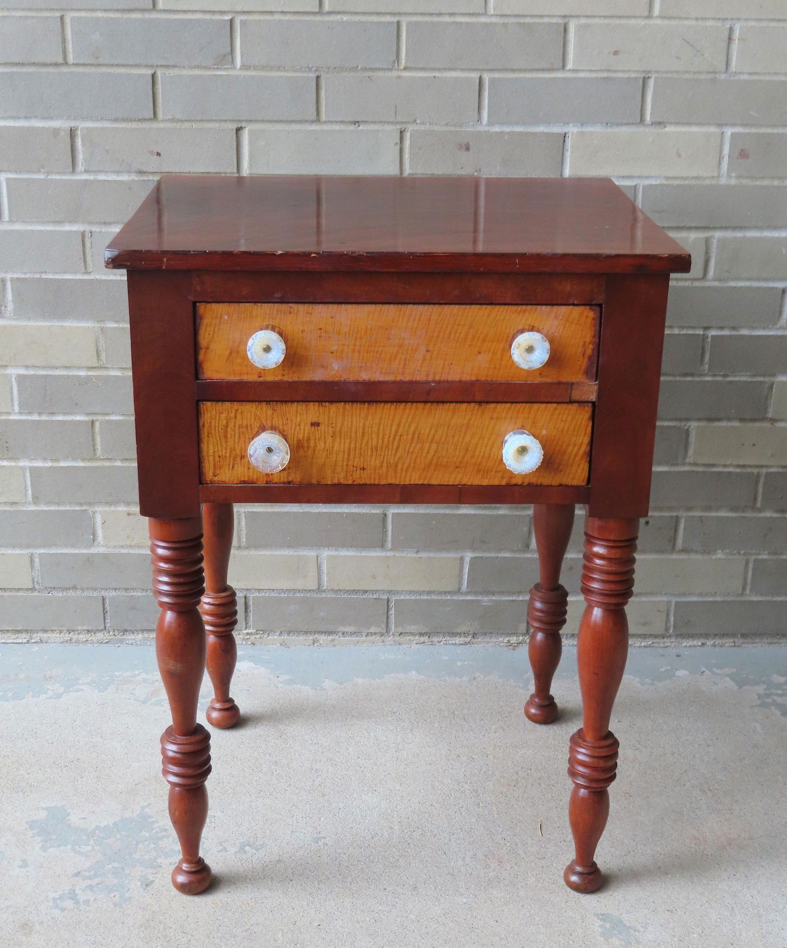 A Sheraton mahogany 2 drawer stand with figured maple drawer fronts, circa 1820-30. The top with (1 of 6)