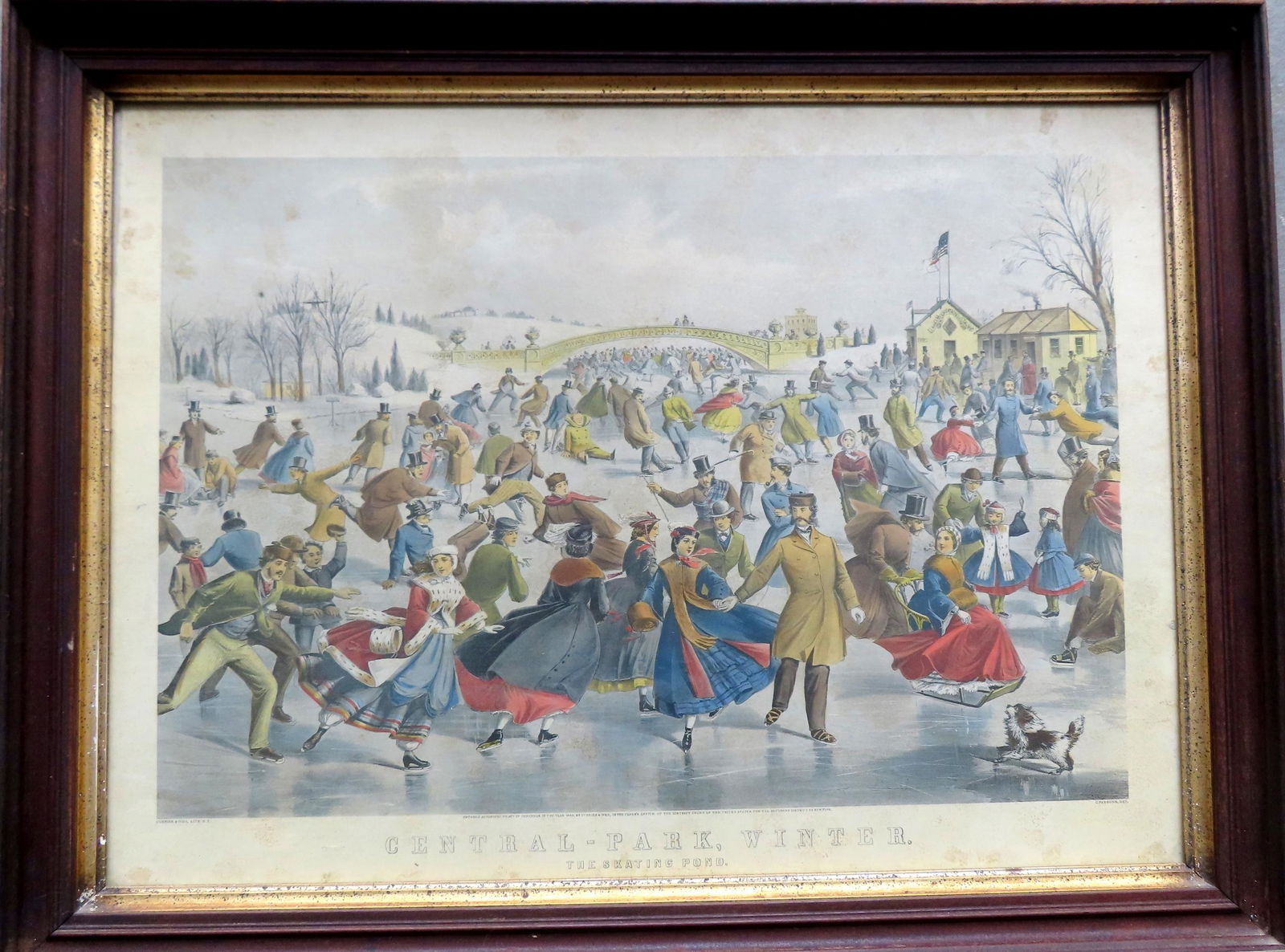 A large folio Currier & Ives hand colored lithograph titled "CENTRAL-PARK, WINTER / THE SKATING (1 of 7)