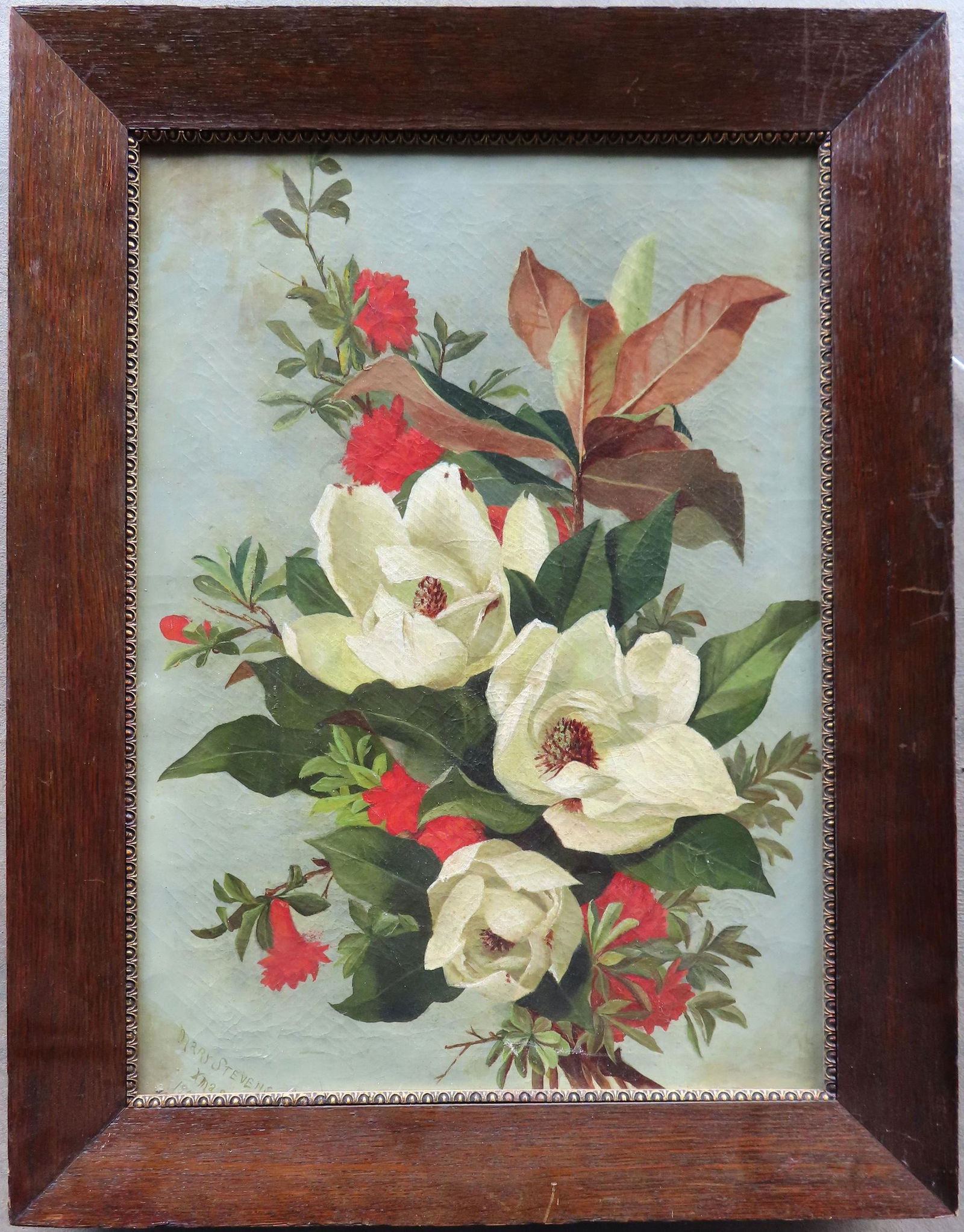O/C Still life of flowers signed "Mary Stevens / Xmas / 1900". Repaired tear near left border, else (1 of 4)