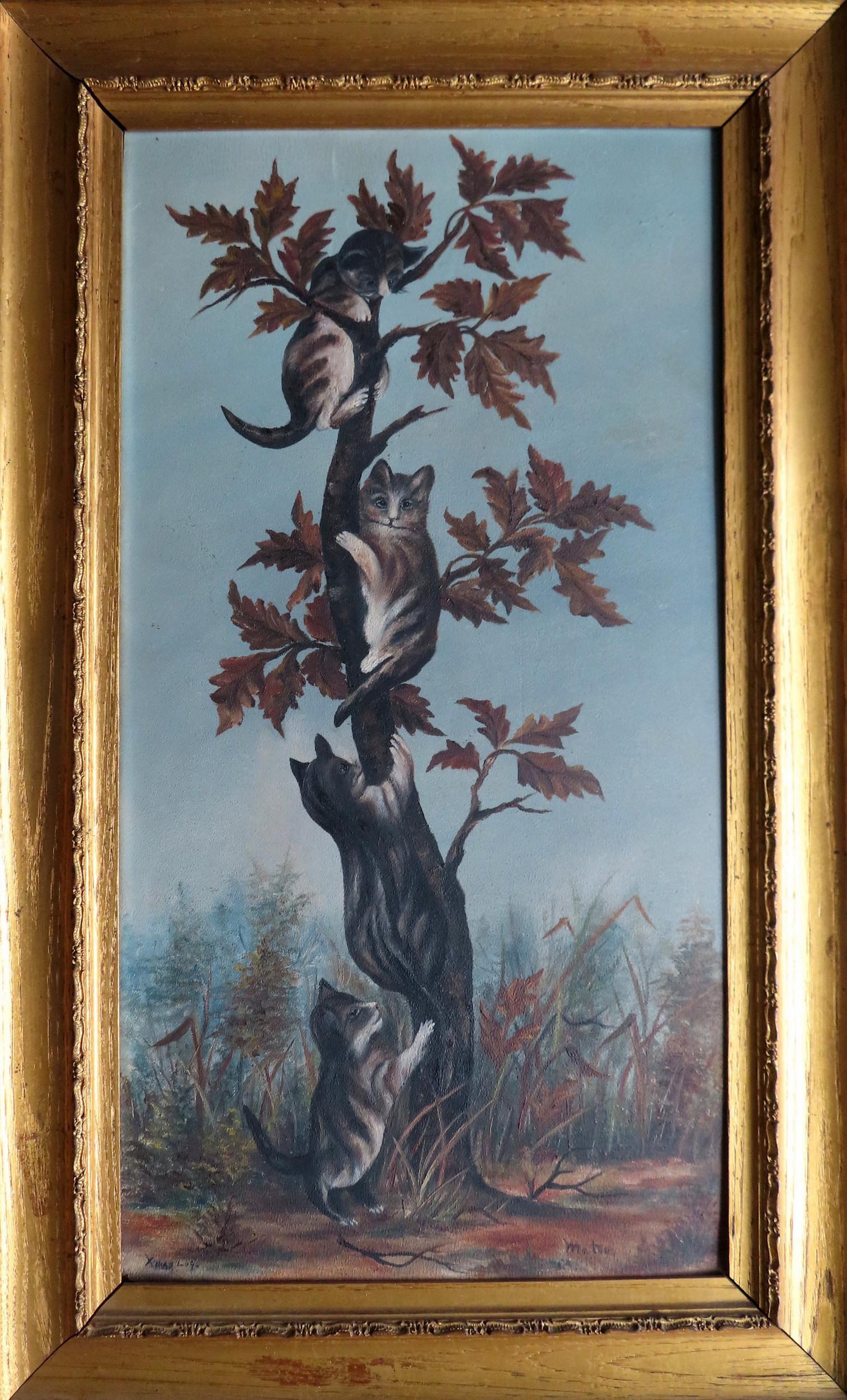 O/B Folkart portrait of 4 kittens climbing tree, signed "xmas 1.09" and titled bottom right "Me too" (1 of 5)