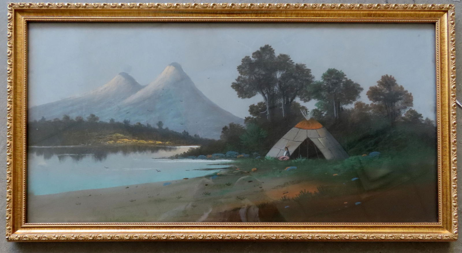 A pastel landscape depicting a Native American kneeling in front of teepee by stream below (1 of 4)