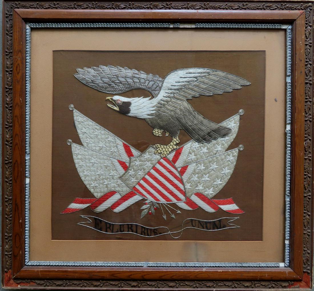 A Chinese export silk embroidery depicting a spread wing eagle above American shield and flags, and (1 of 6)